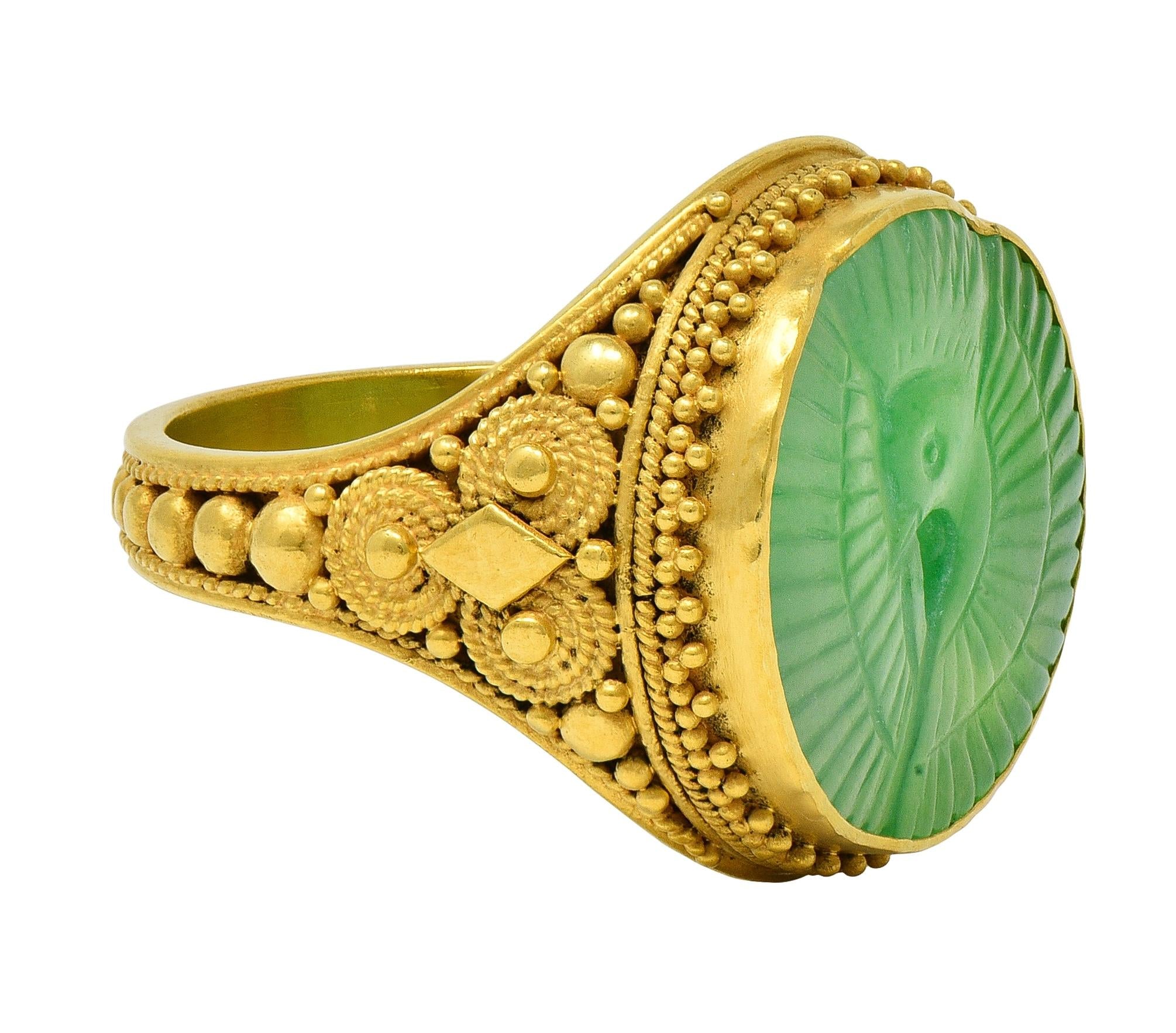 Etruscan Revival Victorian Jade 14K Gold Antique Granulated Crane Signet Ring