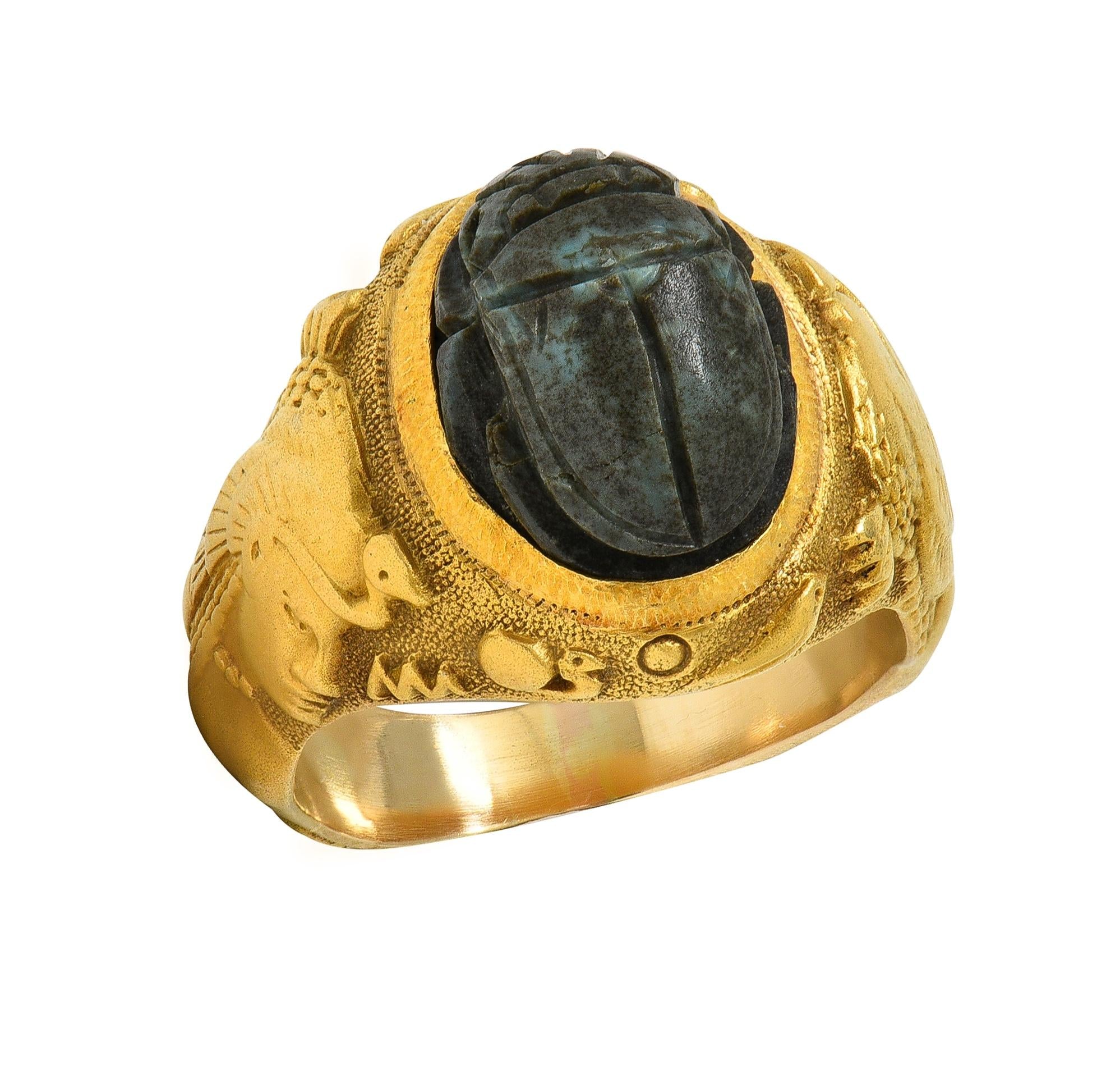 Jones Woodland Art Deco Egyptian Revival Hardstone 14K Gold Antique Scarab Ring