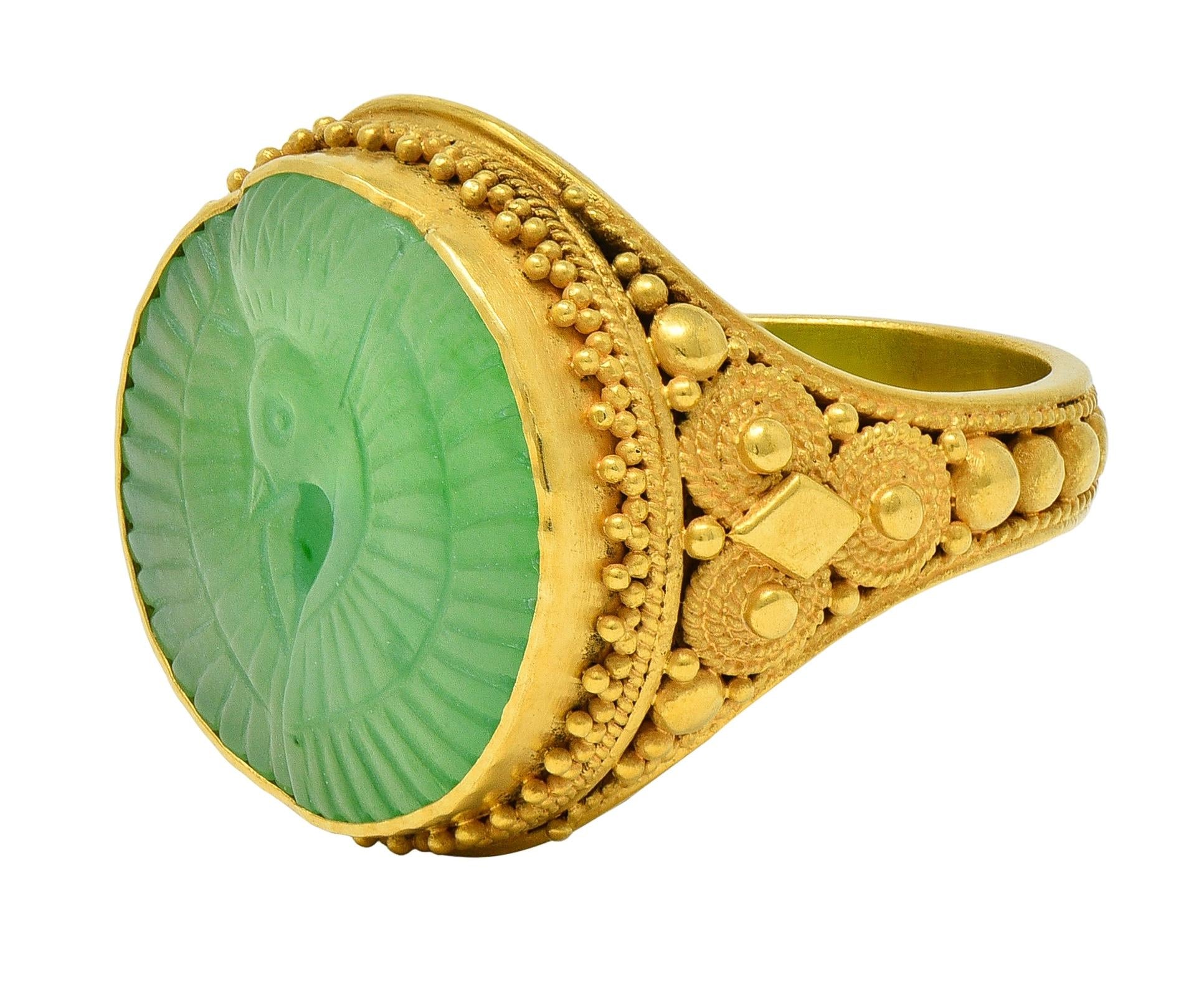 Etruscan Revival Victorian Jade 14K Gold Antique Granulated Crane Signet Ring
