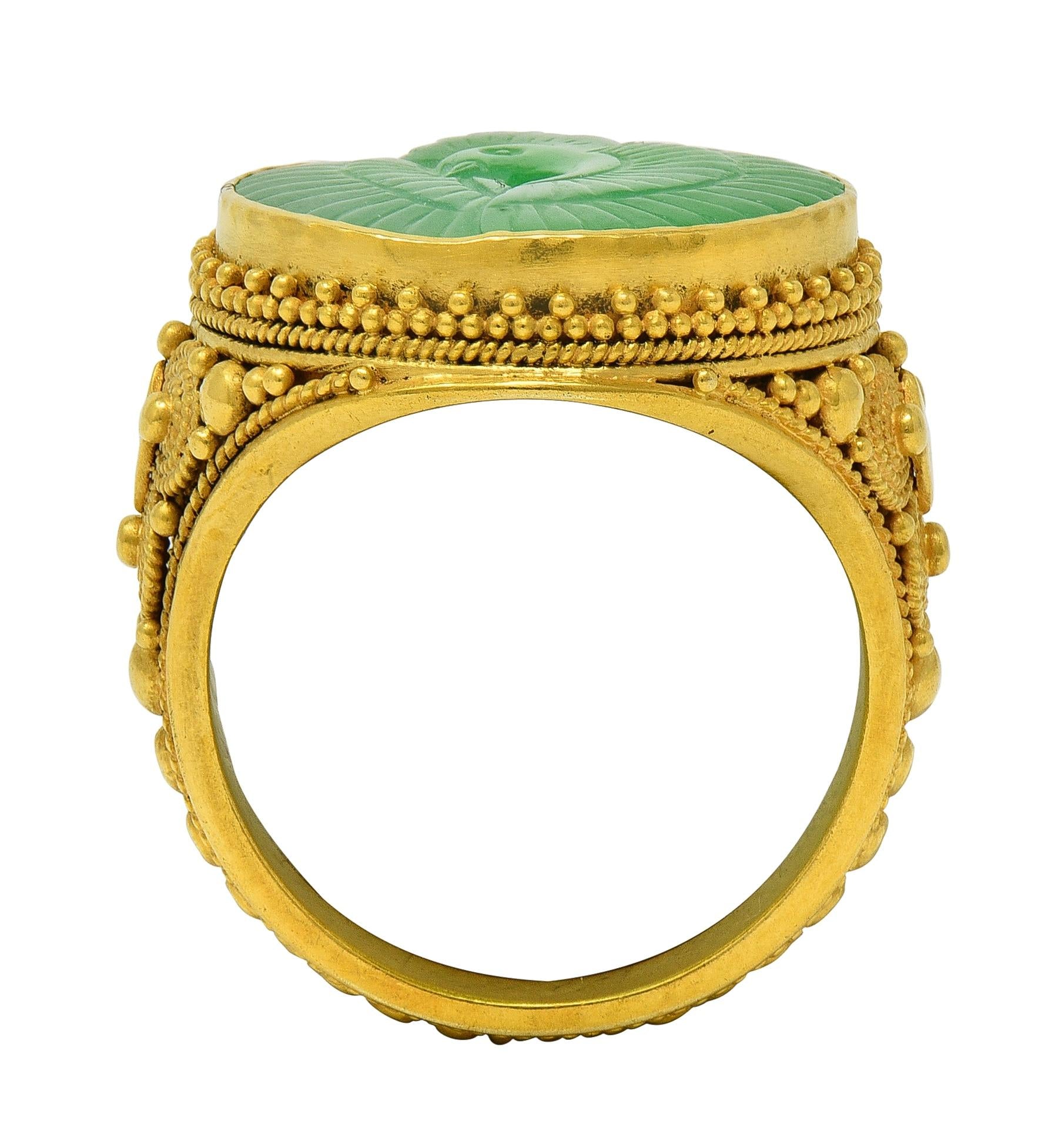 Etruscan Revival Victorian Jade 14K Gold Antique Granulated Crane Signet Ring