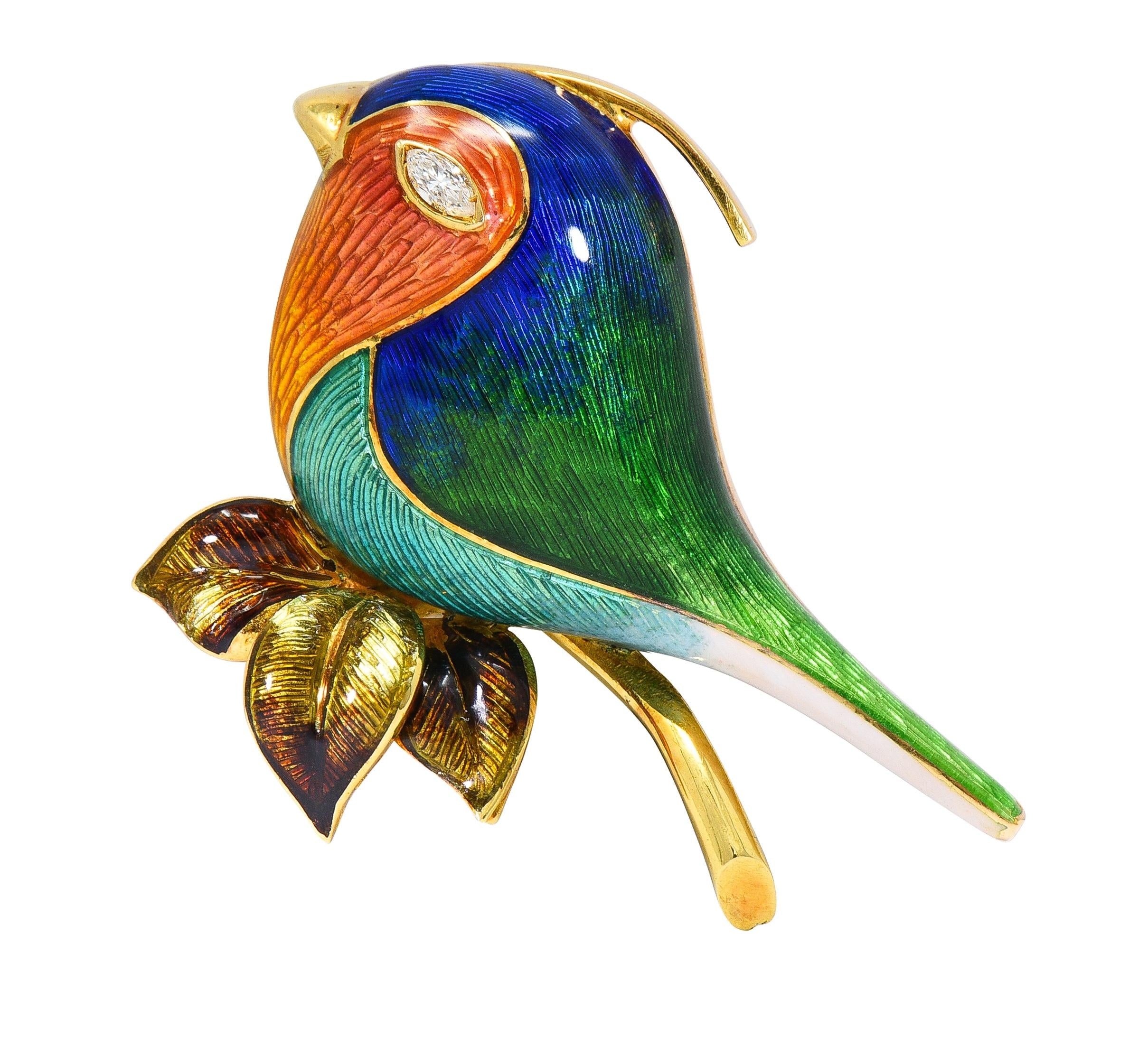 1980's Diamond Enamel 18 Karat Yellow Gold Vintage Bird Brooch