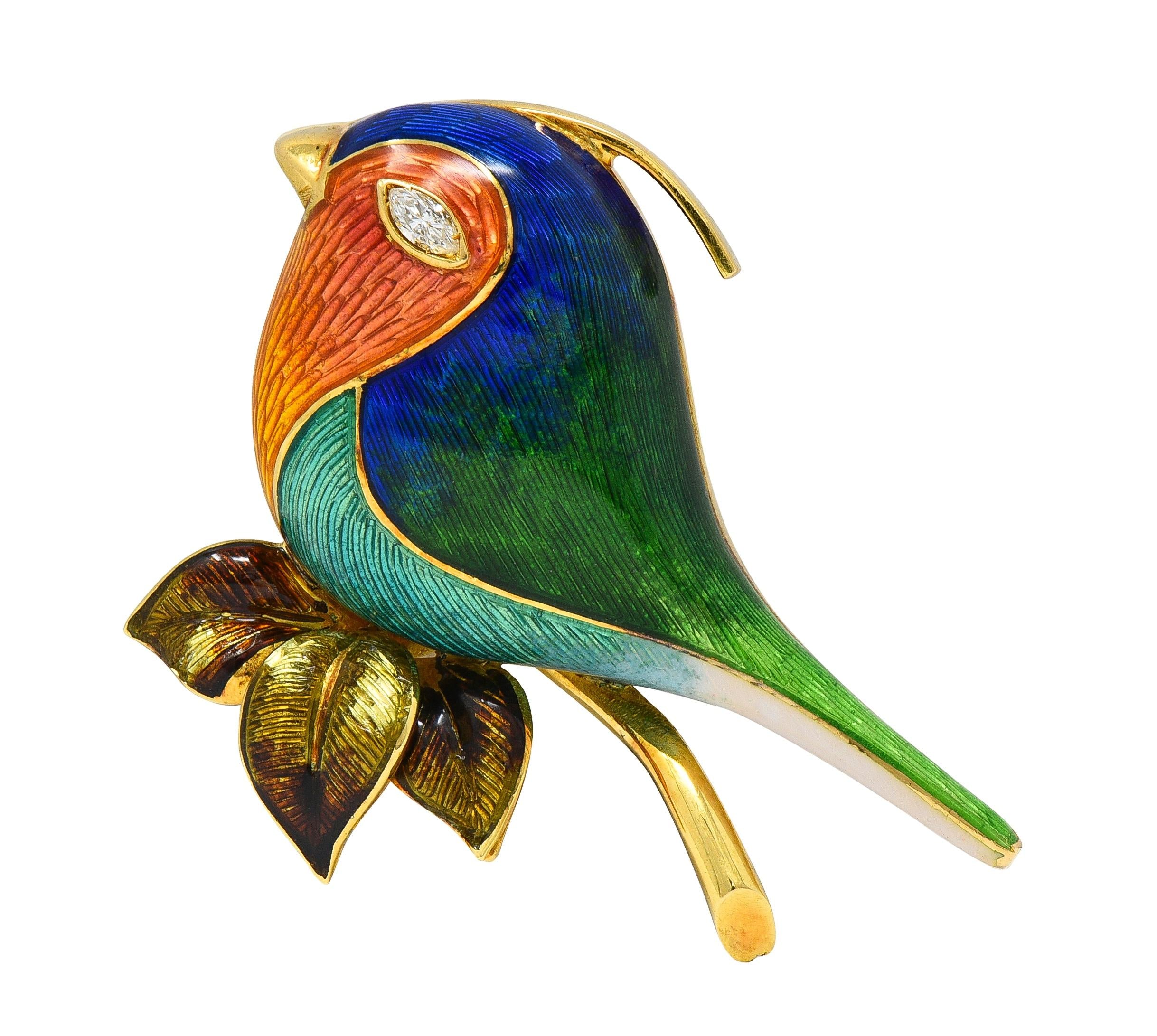 1980's Diamond Enamel 18 Karat Yellow Gold Vintage Bird Brooch