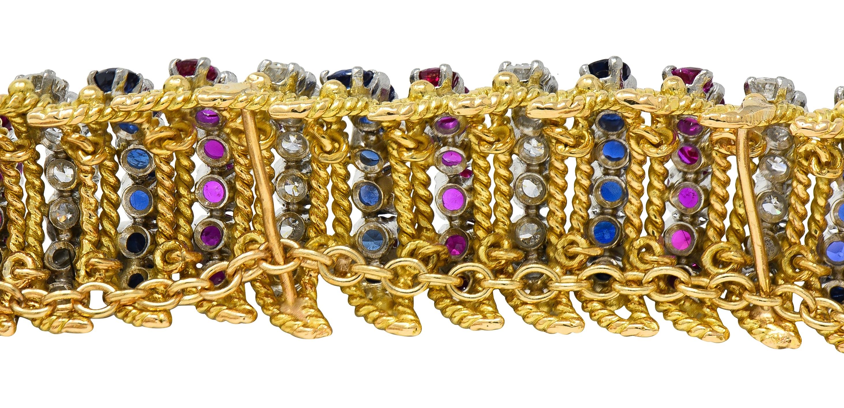 Vourakis 1990 14.08 CTW Sapphire Diamond Ruby Platinum 18K Gold Vintage Bracelet