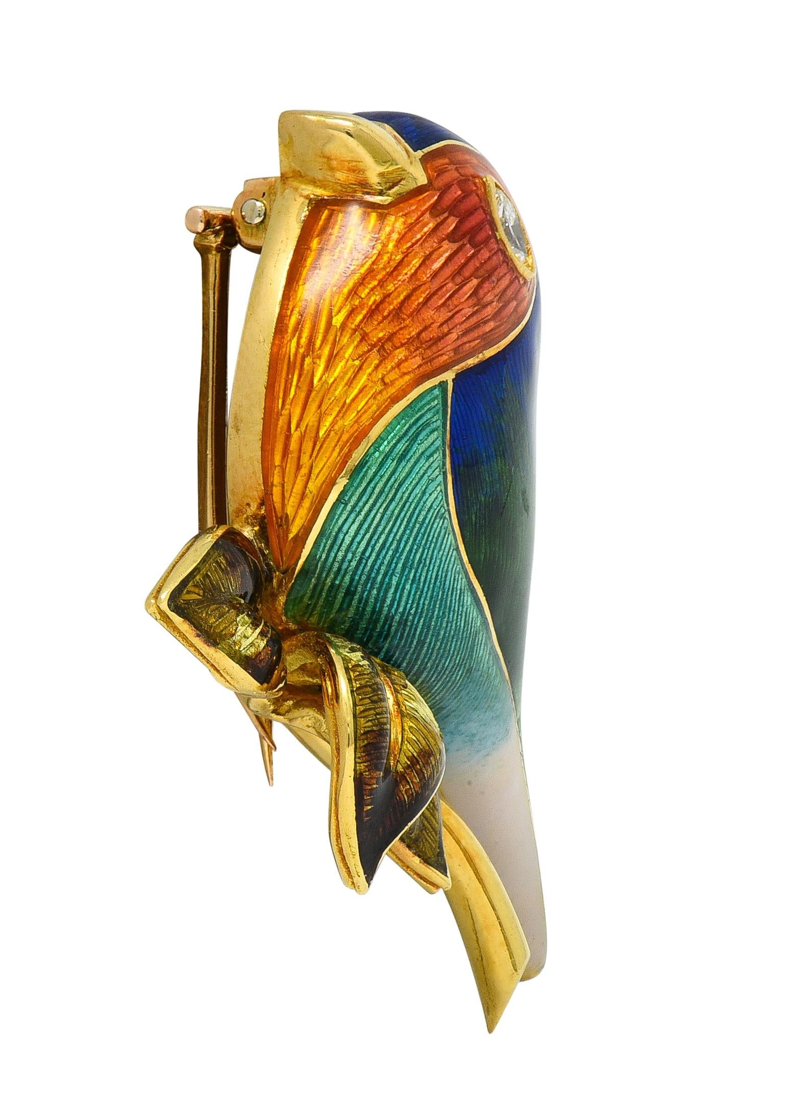 1980's Diamond Enamel 18 Karat Yellow Gold Vintage Bird Brooch