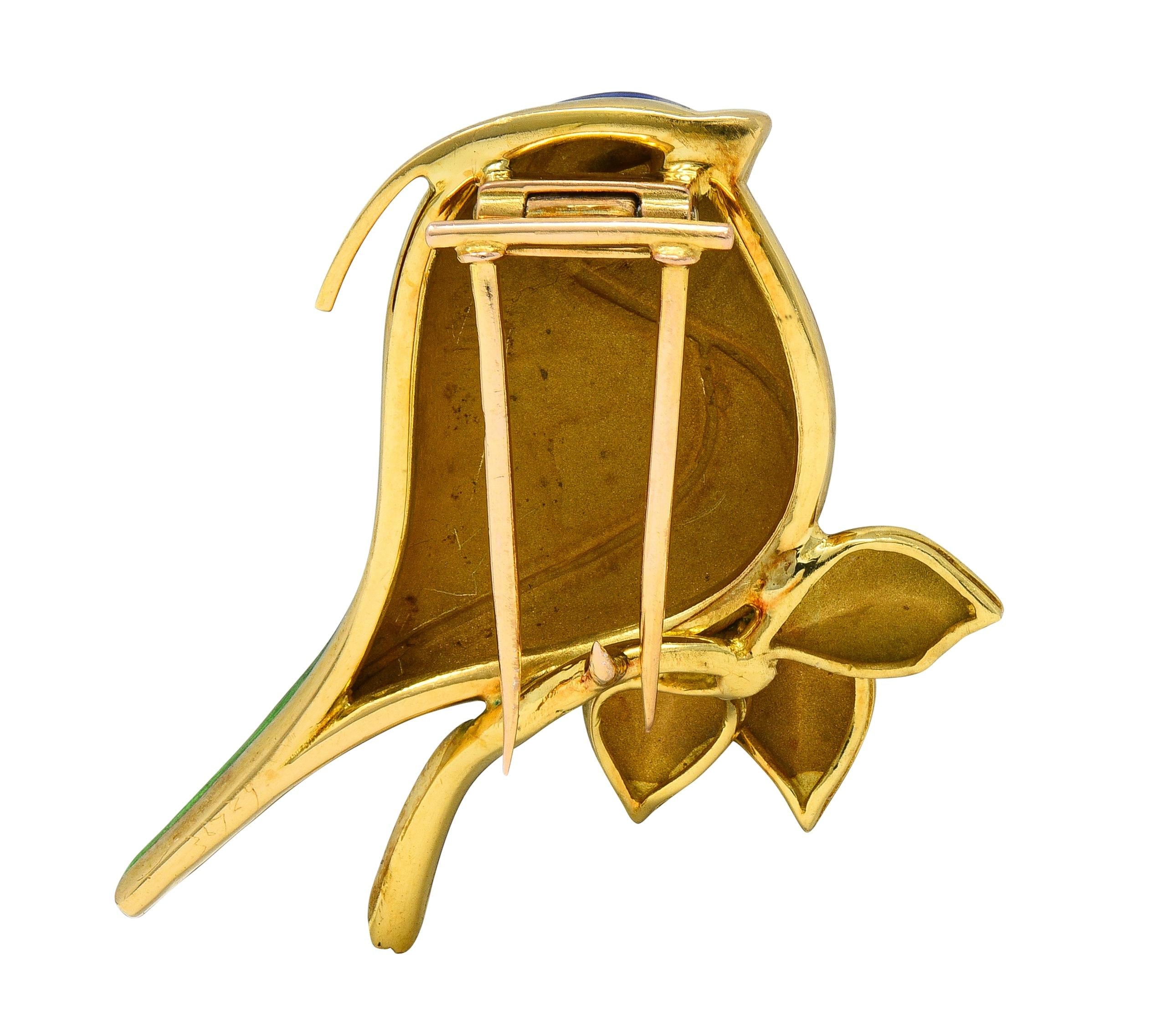 1980's Diamond Enamel 18 Karat Yellow Gold Vintage Bird Brooch