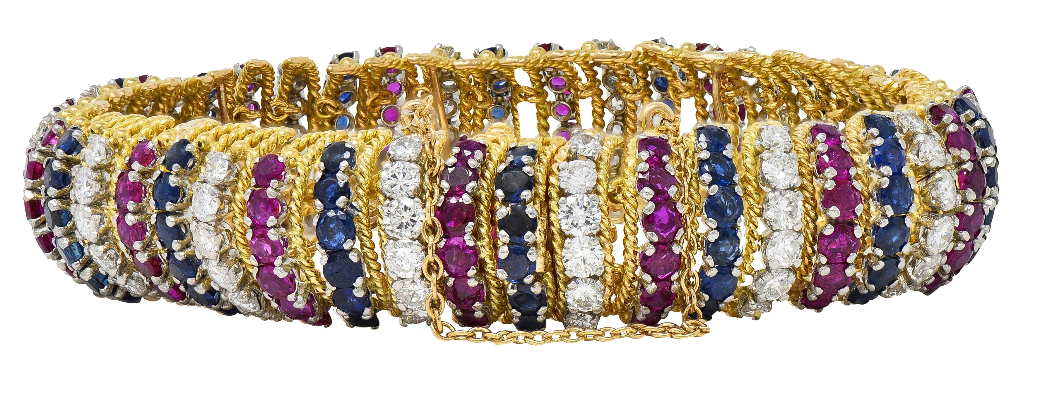 Vourakis 1990 14.08 CTW Sapphire Diamond Ruby Platinum 18K Gold Vintage Bracelet