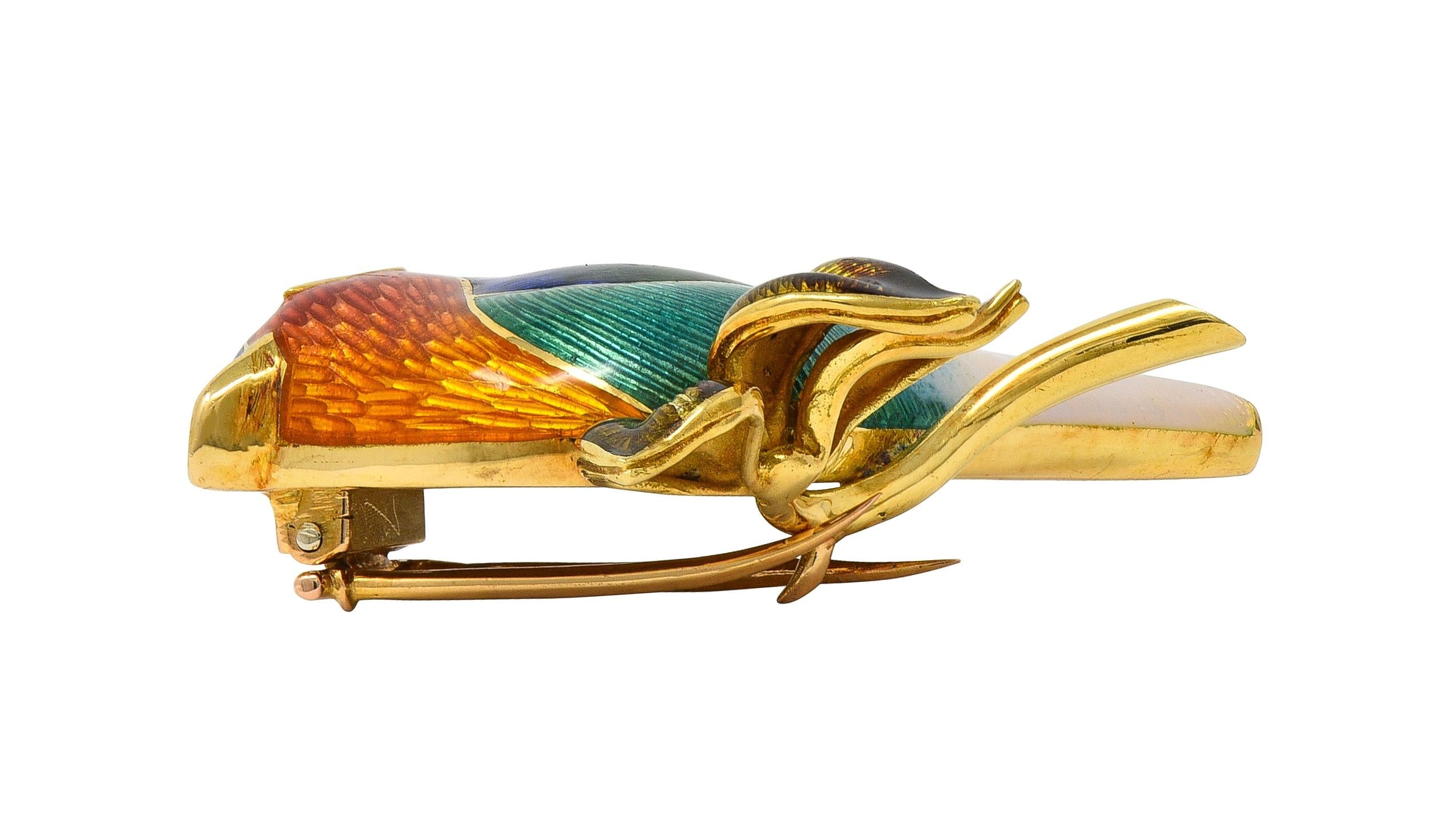 1980's Diamond Enamel 18 Karat Yellow Gold Vintage Bird Brooch