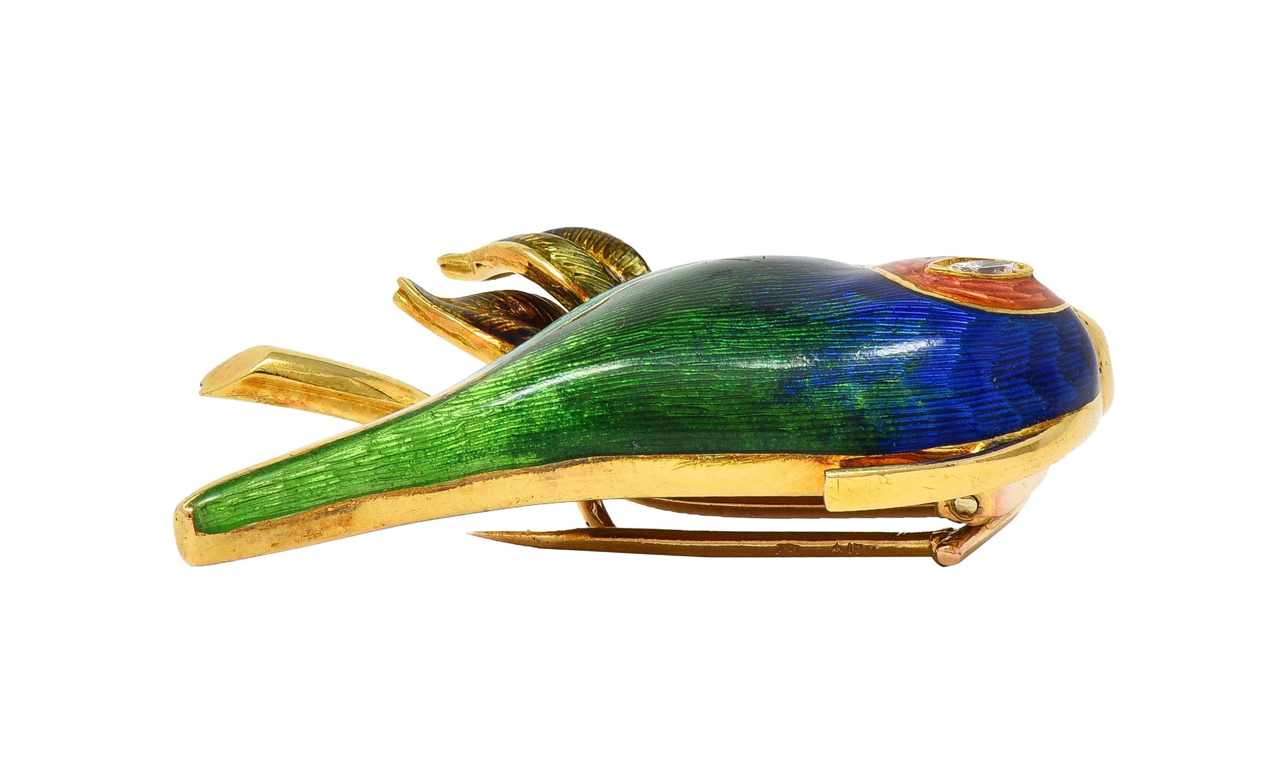 1980's Diamond Enamel 18 Karat Yellow Gold Vintage Bird Brooch