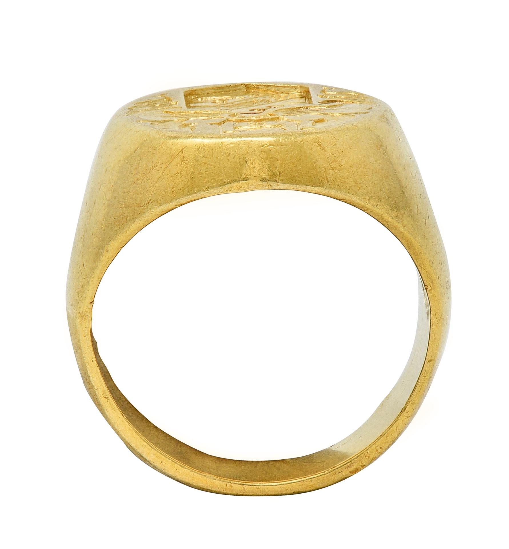 Edwardian Merrin 18 Karat Yellow Gold Antique Heraldic Crest Signet Ring