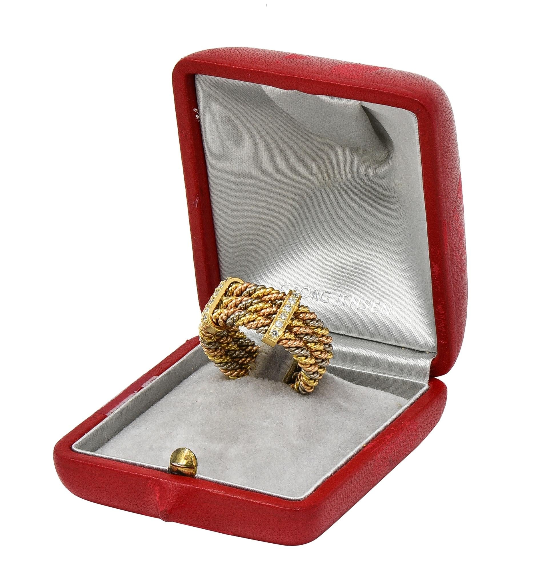 1970's Georg Jensen Diamond 18K Tri-Colored Gold Twisted Rope Vintage Band Ring