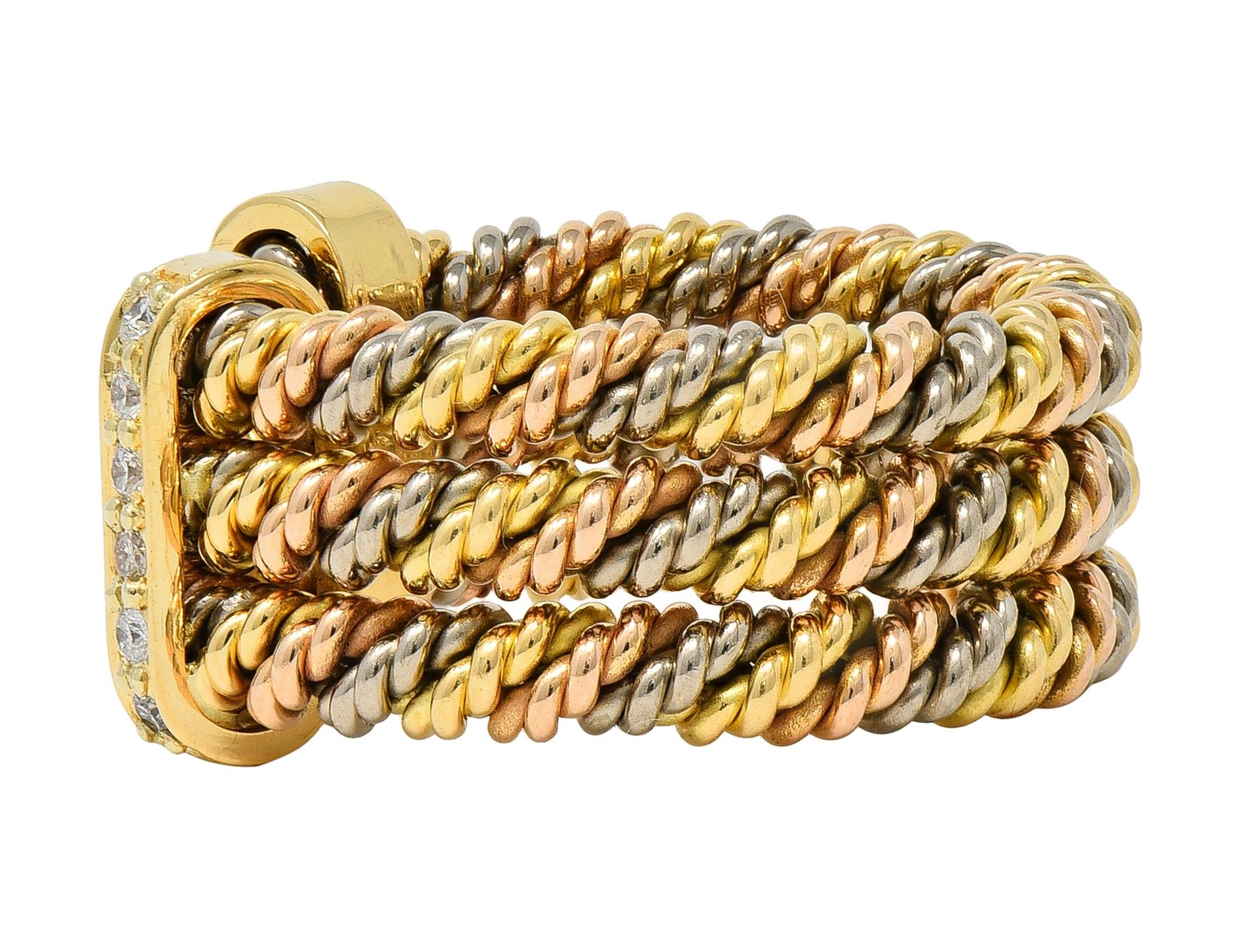 1970's Georg Jensen Diamond 18K Tri-Colored Gold Twisted Rope Vintage Band Ring