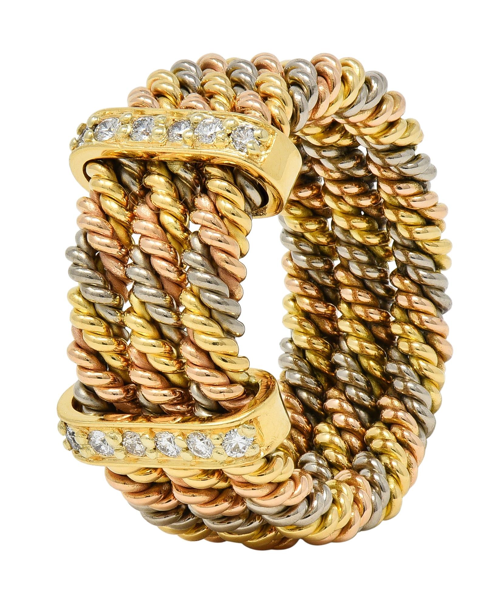 1970's Georg Jensen Diamond 18K Tri-Colored Gold Twisted Rope Vintage Band Ring
