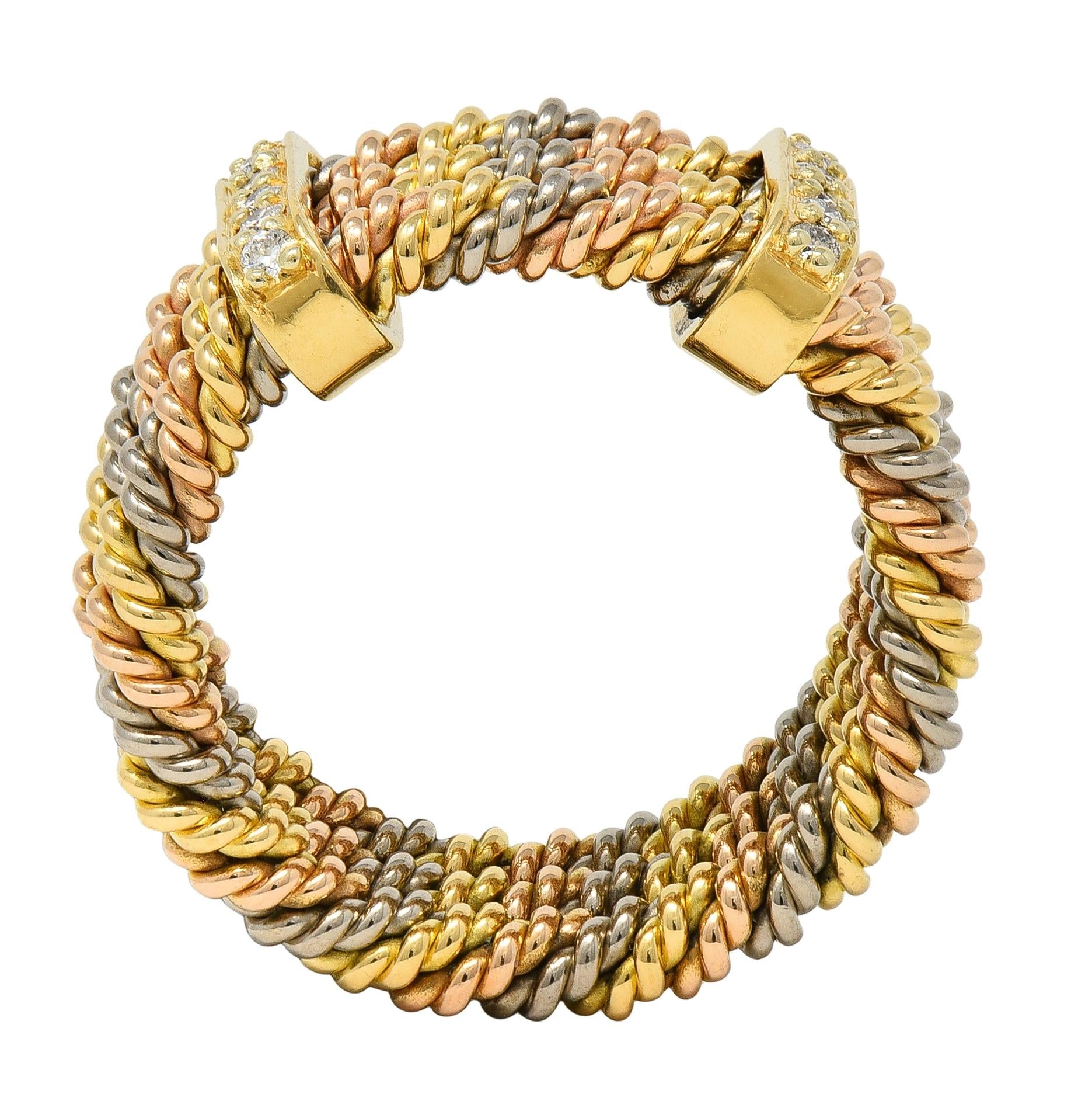 1970's Georg Jensen Diamond 18K Tri-Colored Gold Twisted Rope Vintage Band Ring