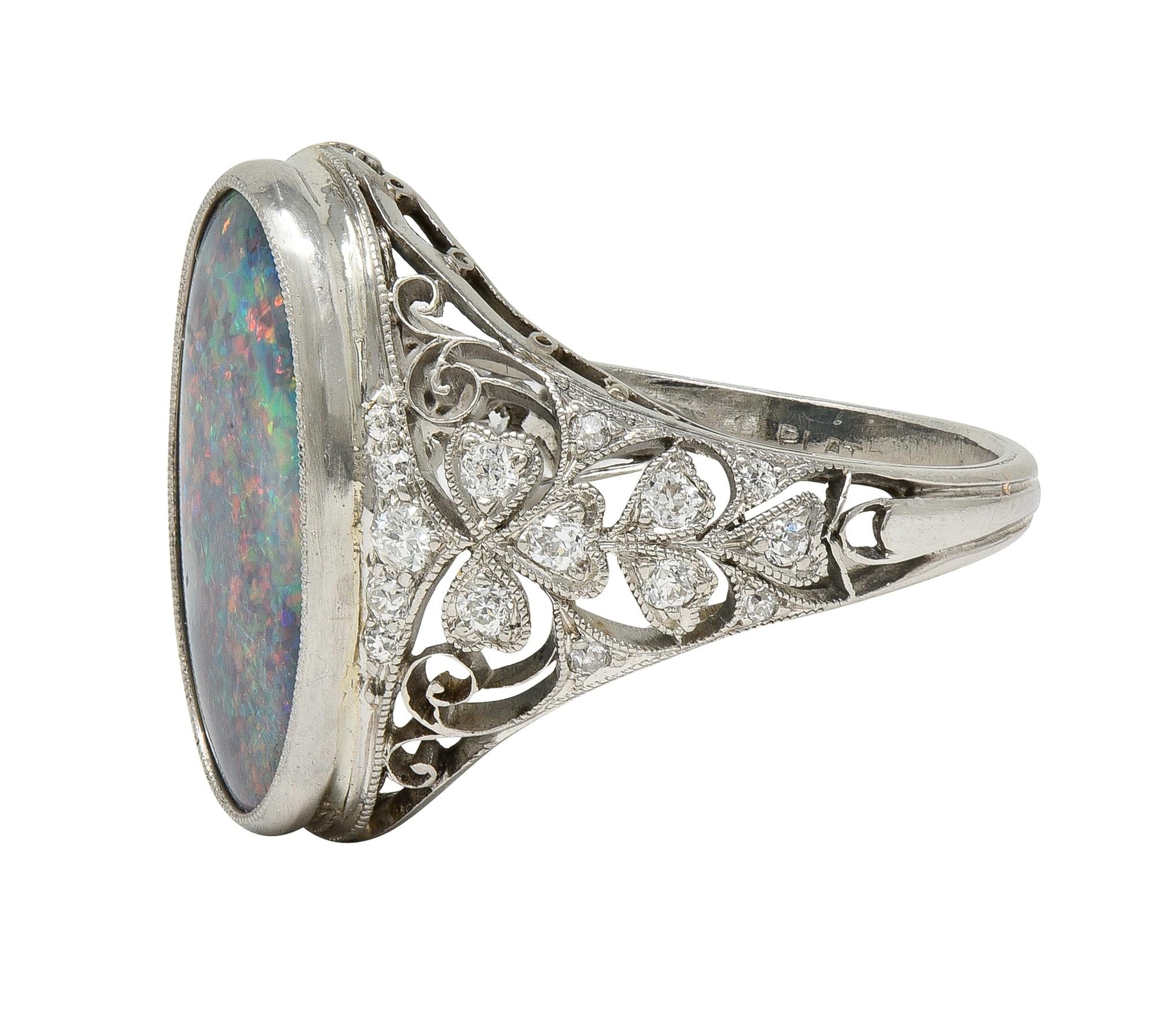 Edwardian Black Opal Diamond Platinum Antique Clover Dinner Ring