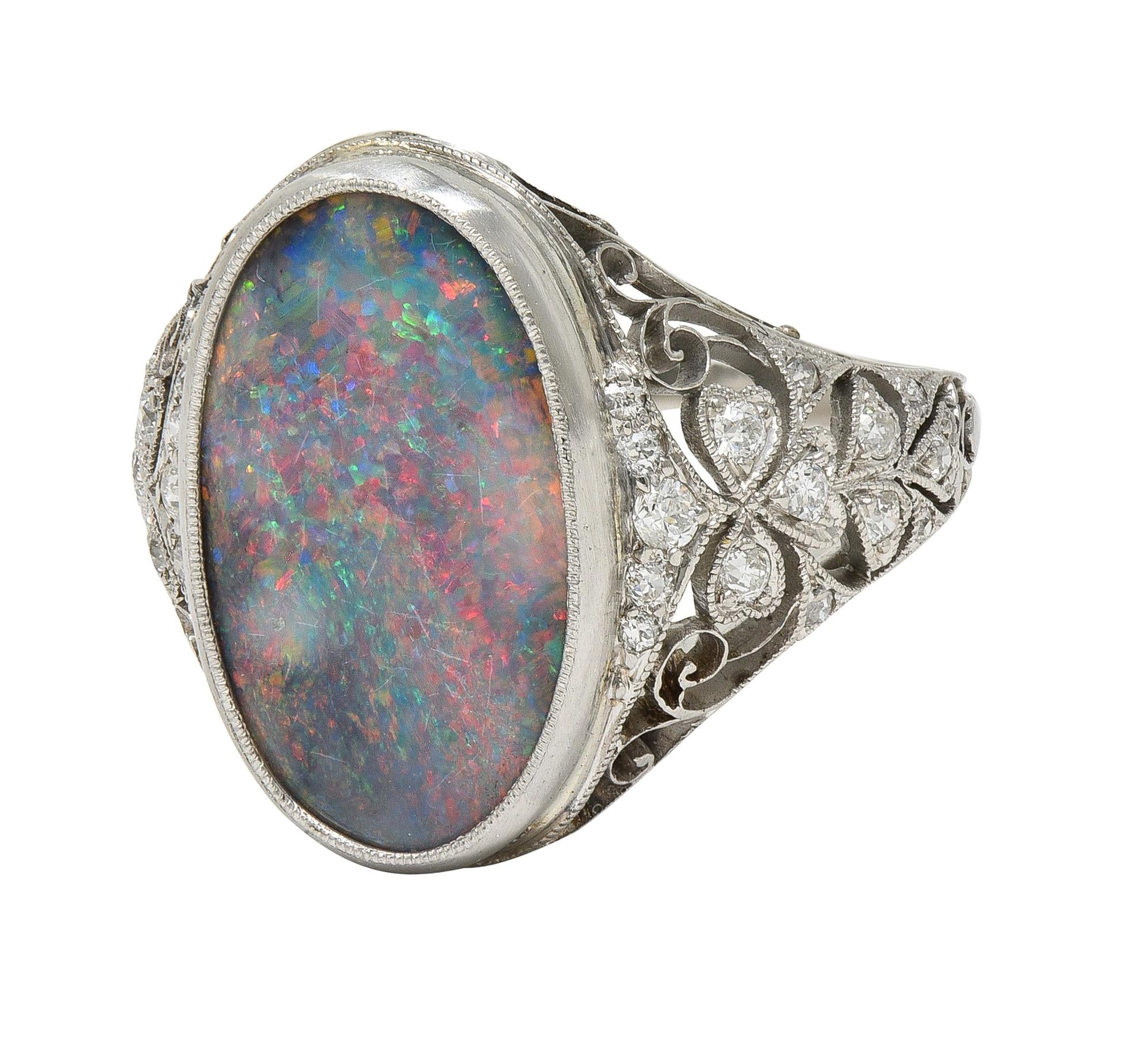 Edwardian Black Opal Diamond Platinum Antique Clover Dinner Ring