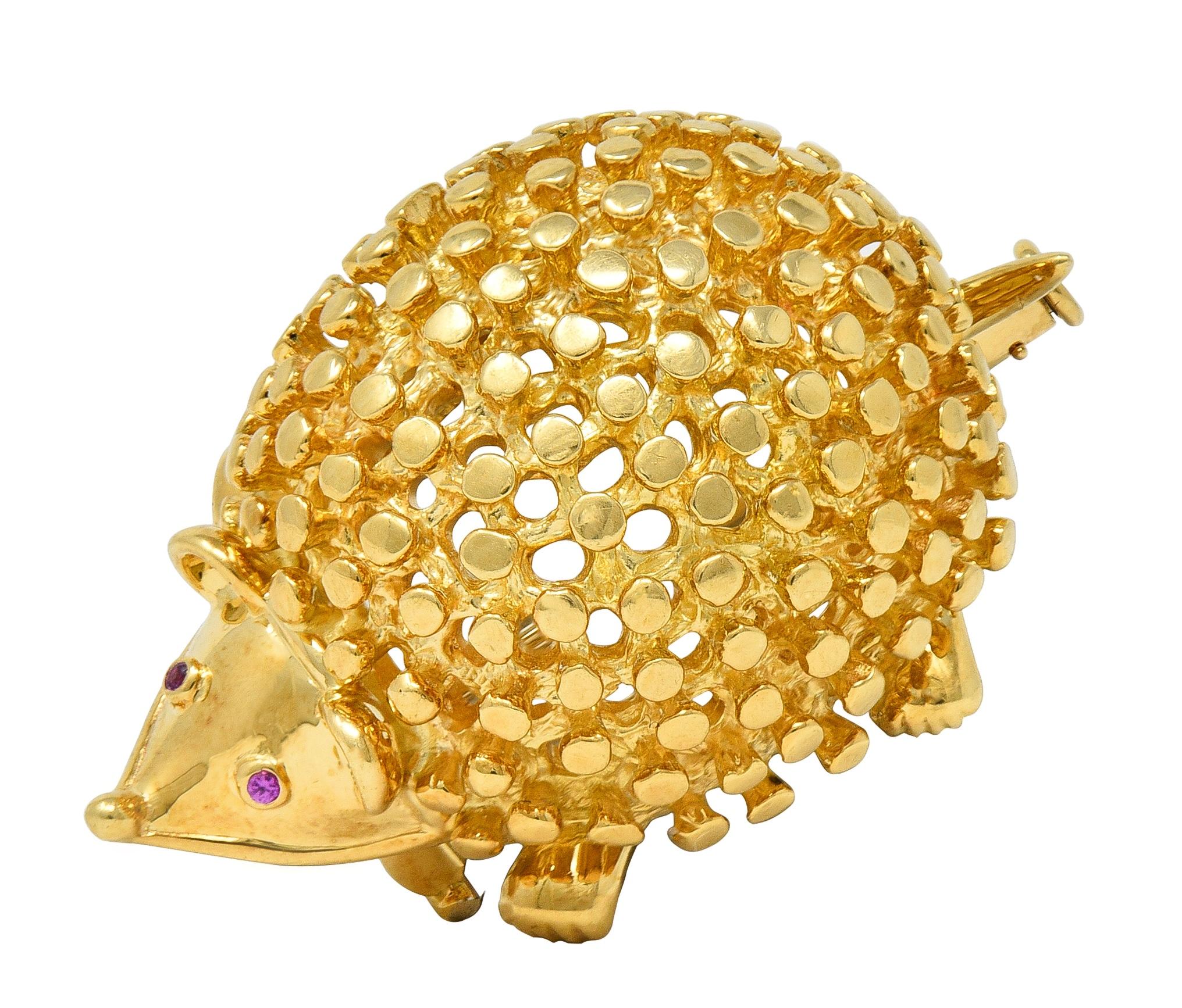 Schlumberger Tiffany & Co. 1980's Ruby 18K Yellow Gold Vintage Hedgehog Brooch