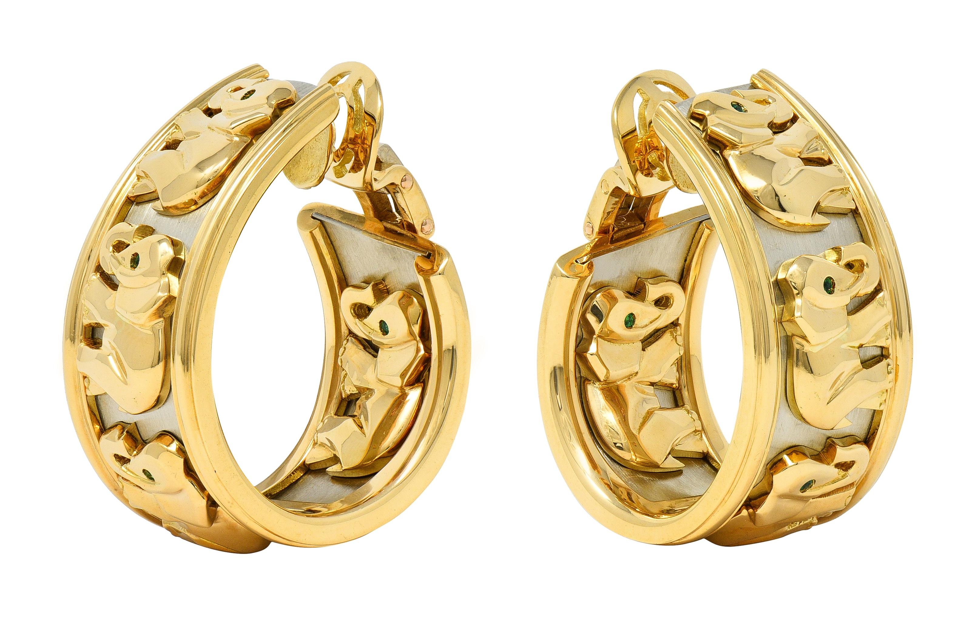 Cartier French 1990's Emerald 18K Gold Mahango Elephants Vintage J-Hoop Earrings