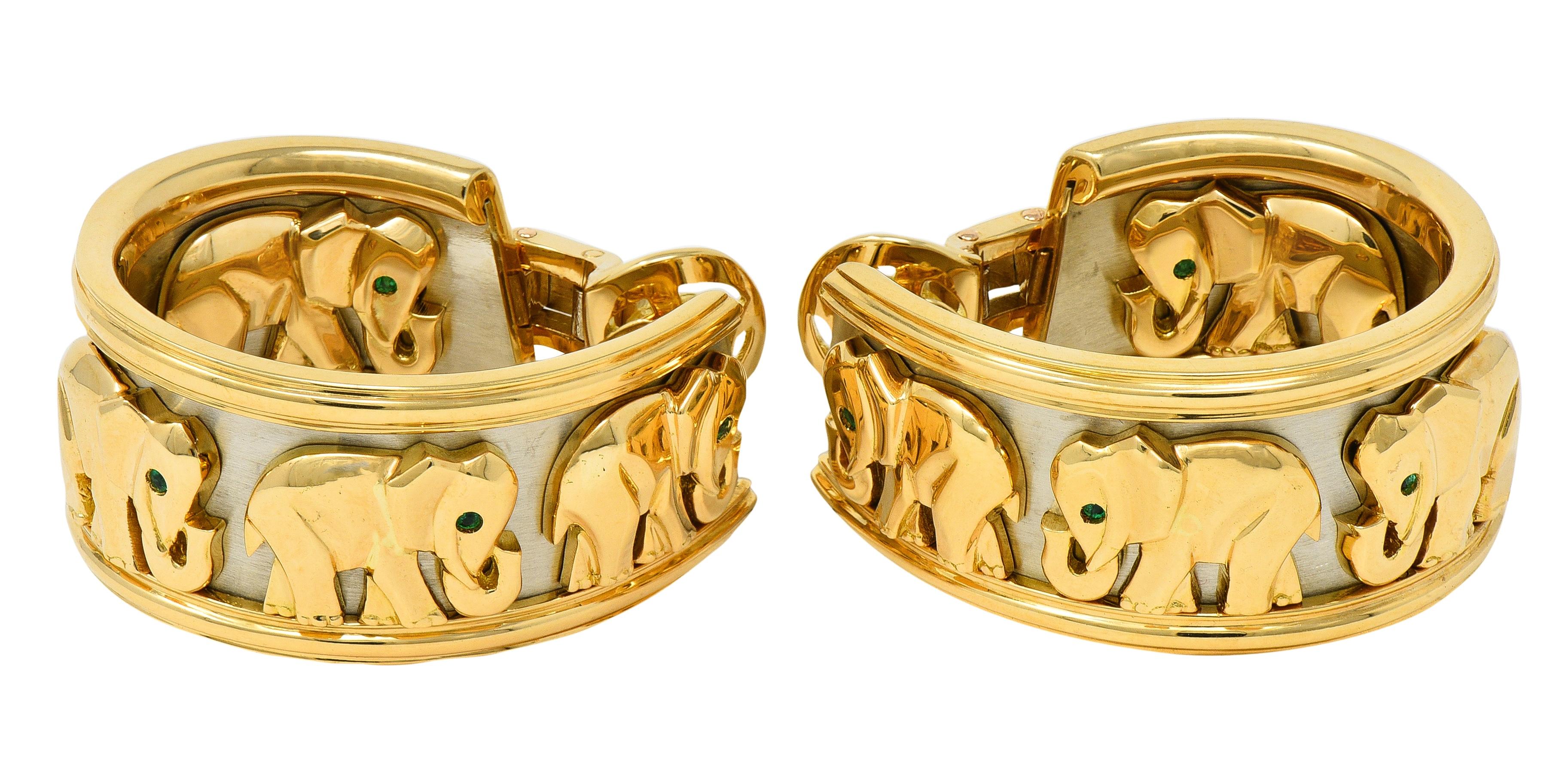 Cartier French 1990's Emerald 18K Gold Mahango Elephants Vintage J-Hoop Earrings