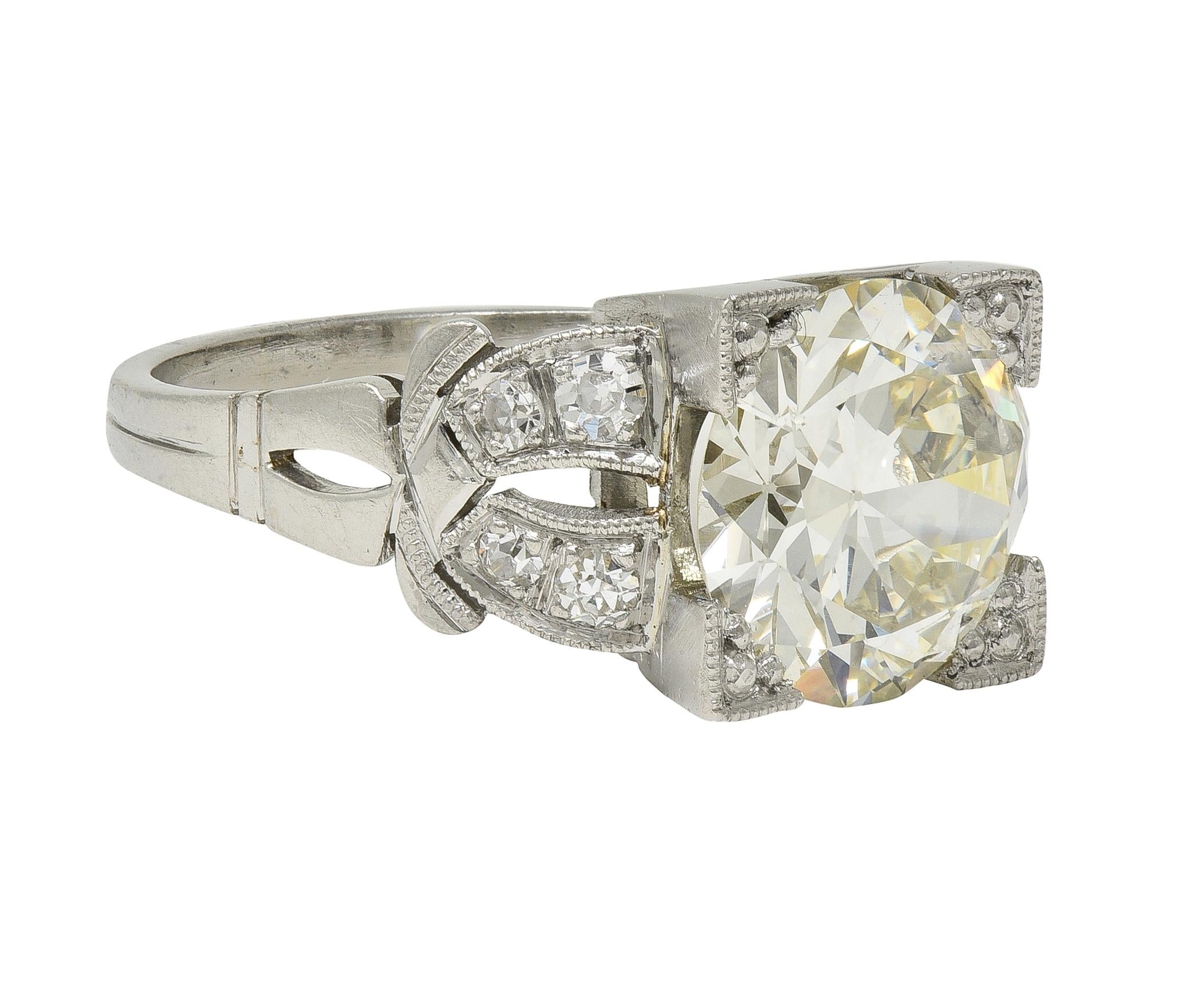 Art Deco 2.95 CTW European Diamond Platinum Vintage Buckle Engagement Ring GIA