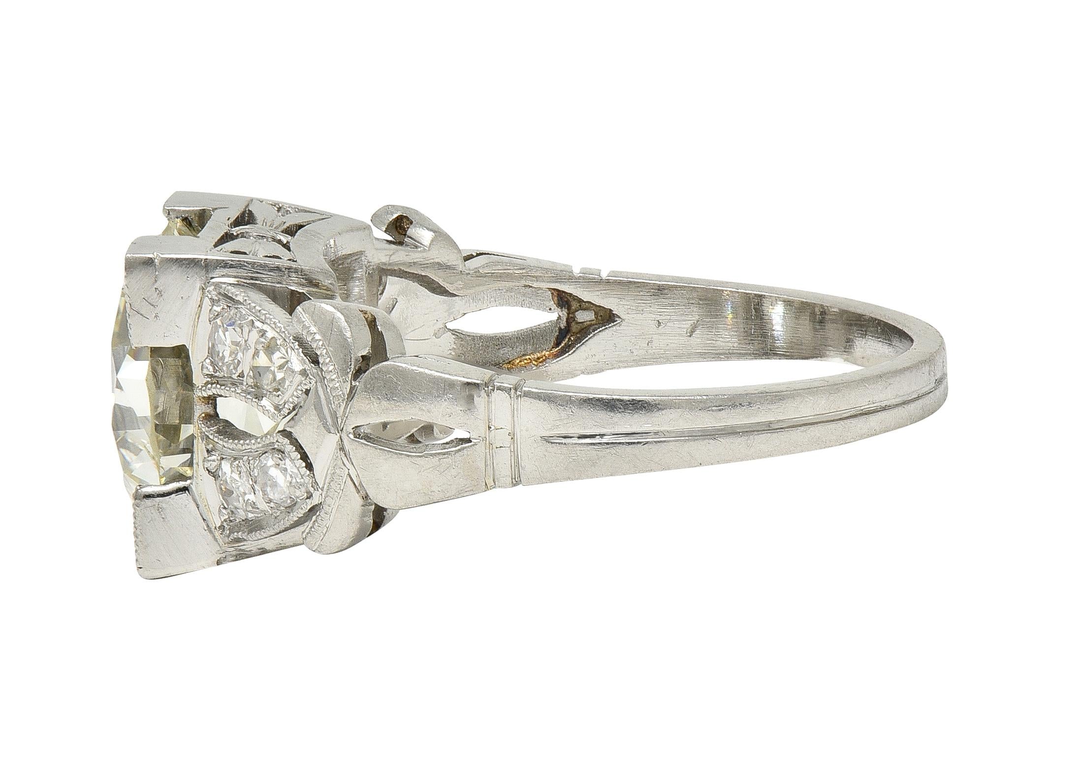 Art Deco 2.95 CTW European Diamond Platinum Vintage Buckle Engagement Ring GIA