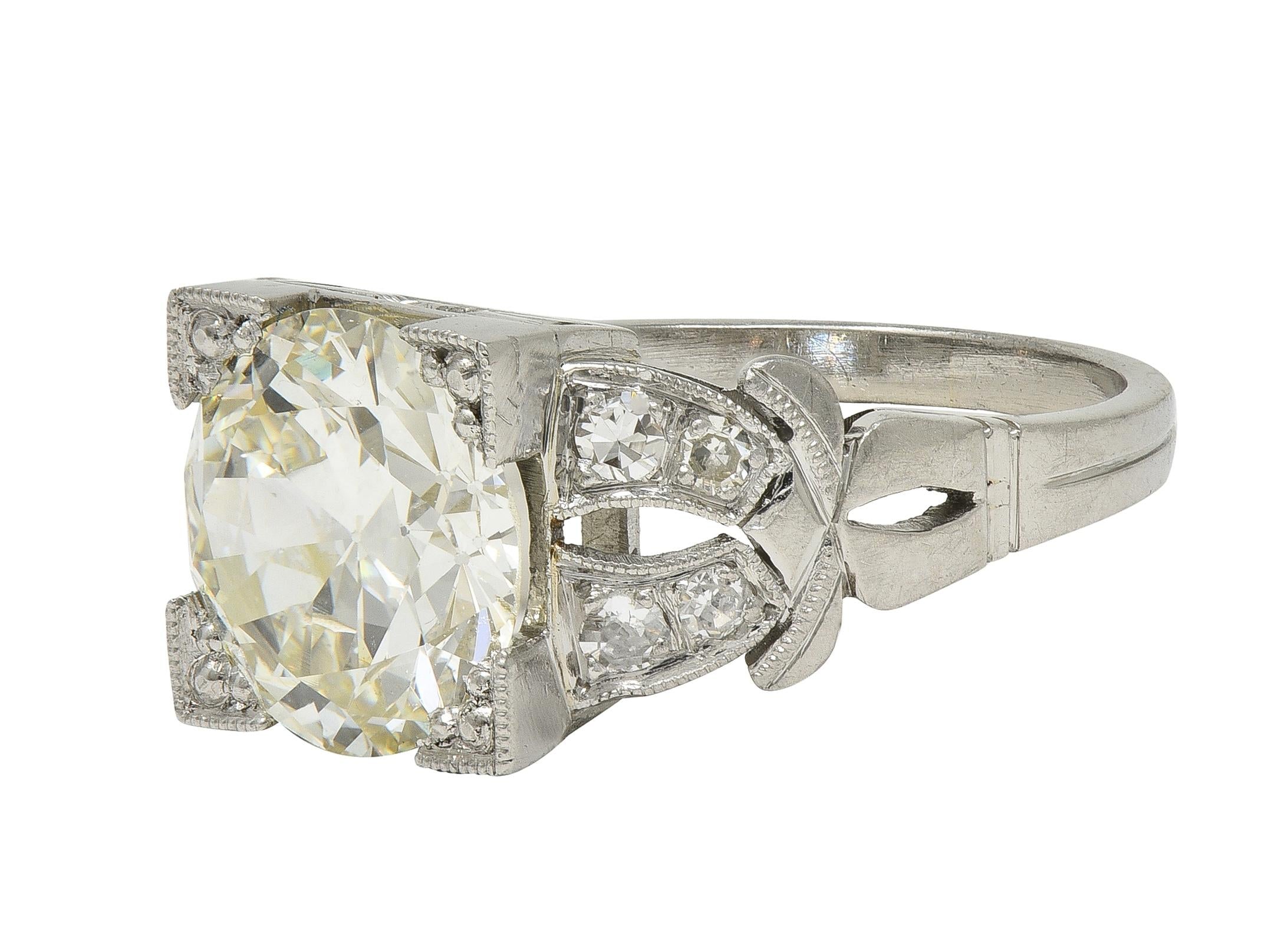 Art Deco 2.95 CTW European Diamond Platinum Vintage Buckle Engagement Ring GIA