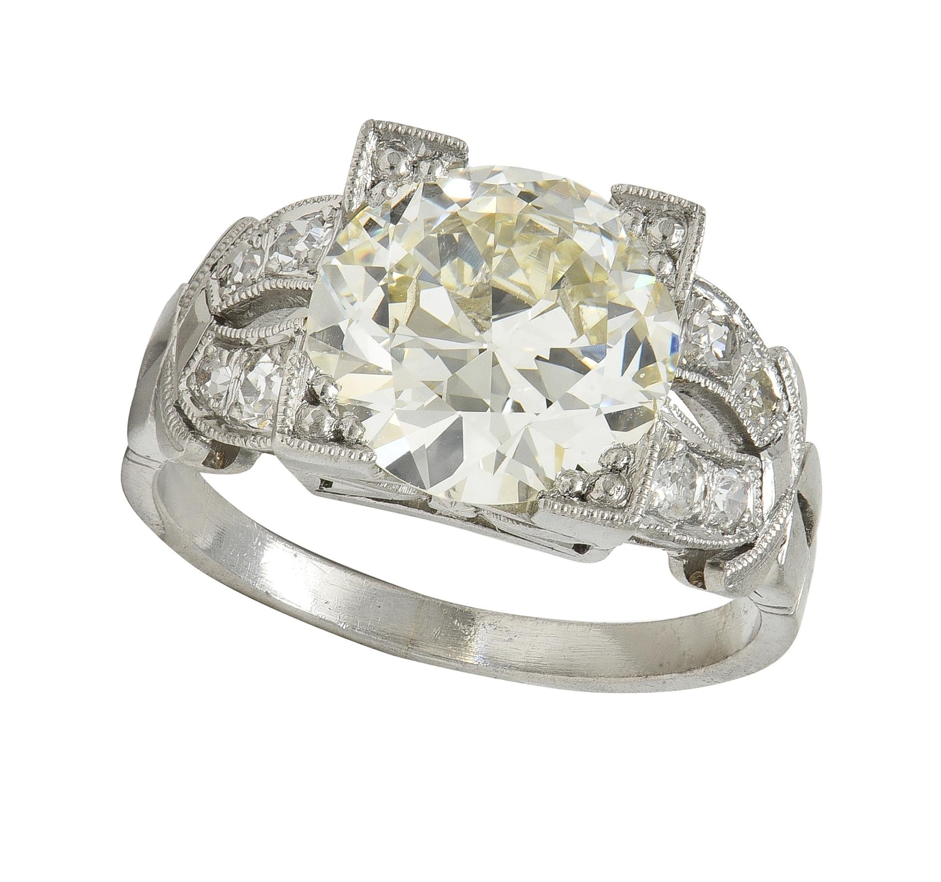 Art Deco 2.95 CTW European Diamond Platinum Vintage Buckle Engagement Ring GIA