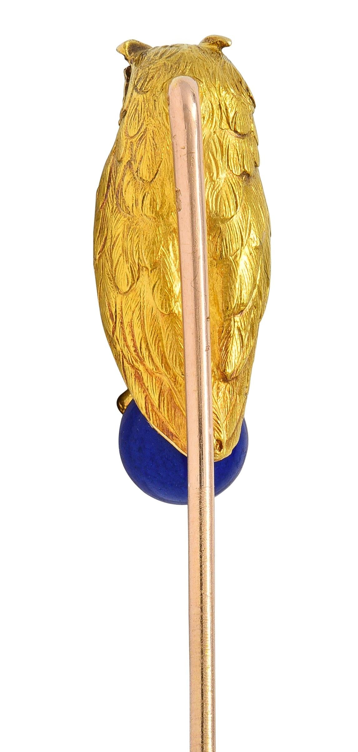 Art Nouveau Lapis Lazuli Ruby 18 Karat Yellow Gold Antique Owl Stickpin