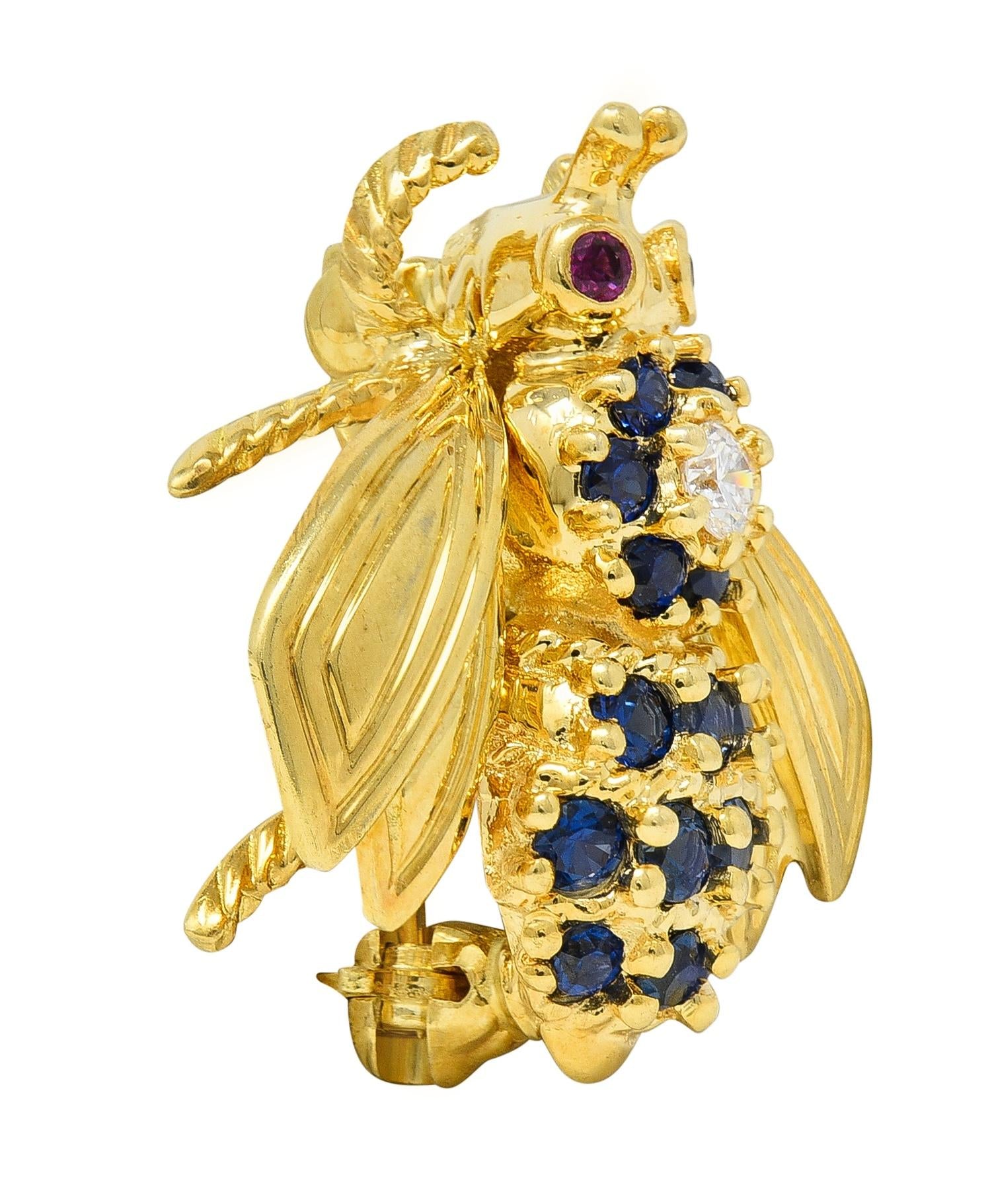 Tiffany & Co. 1960s Diamond Ruby Sapphire 18K Yellow Gold Vintage Bee Bug Brooch
