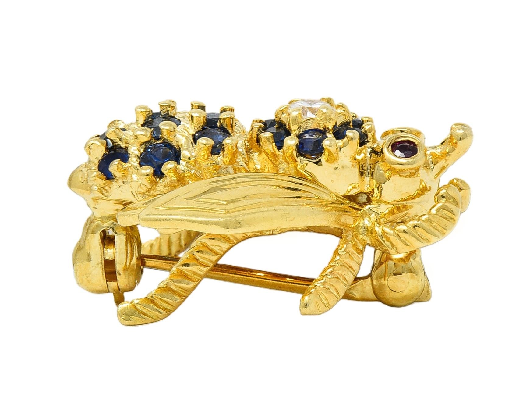 Tiffany & Co. 1960s Diamond Ruby Sapphire 18K Yellow Gold Vintage Bee Bug Brooch