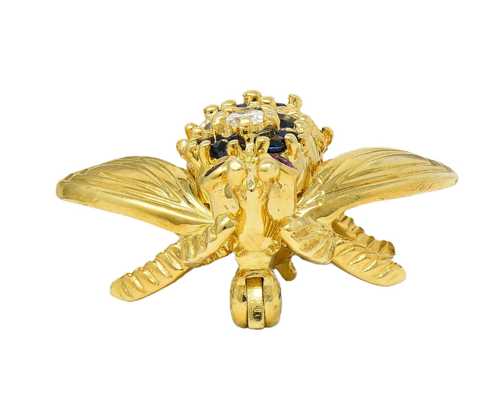 Tiffany & Co. 1960s Diamond Ruby Sapphire 18K Yellow Gold Vintage Bee Bug Brooch