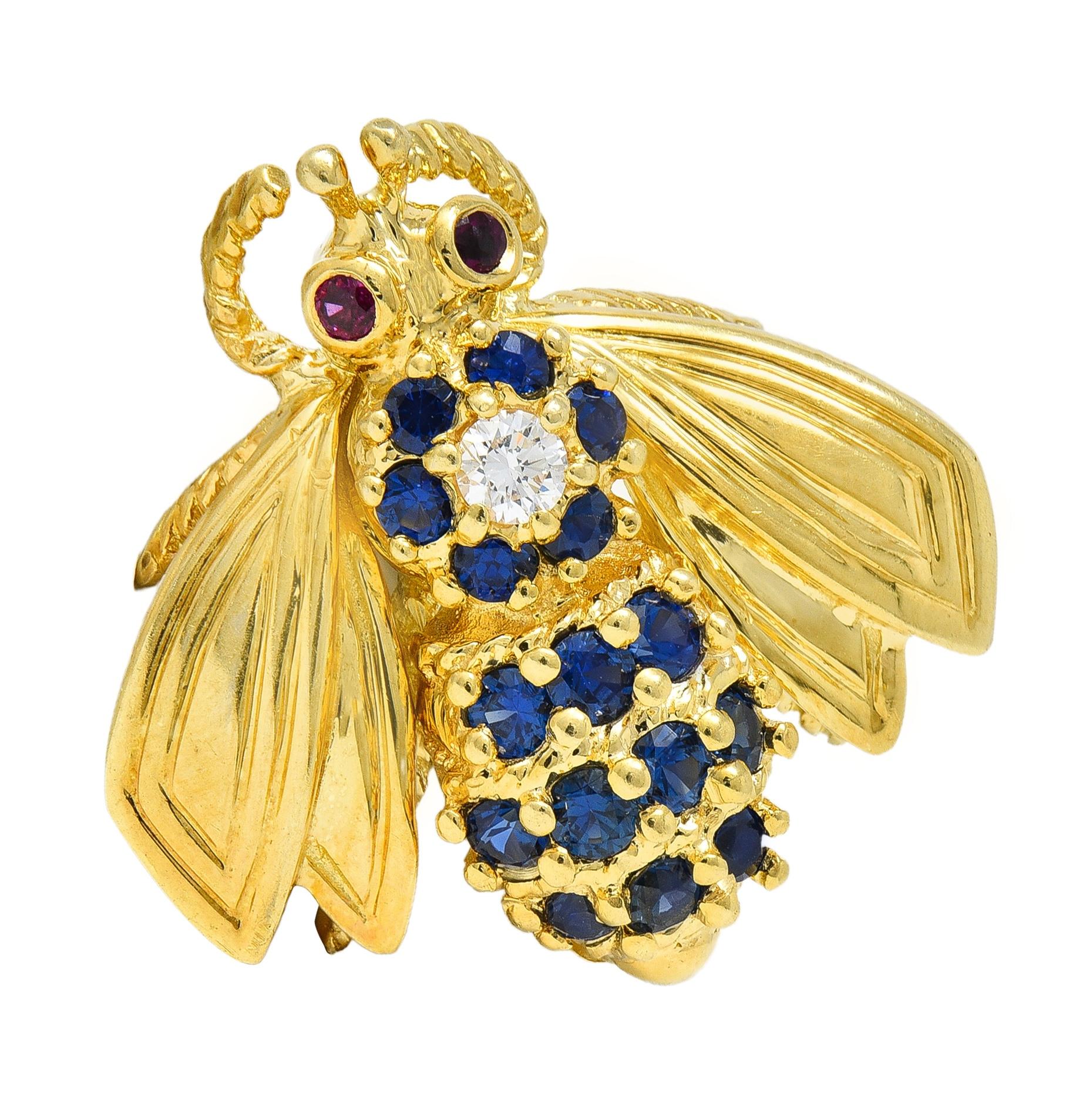 Tiffany & Co. 1960s Diamond Ruby Sapphire 18K Yellow Gold Vintage Bee Bug Brooch