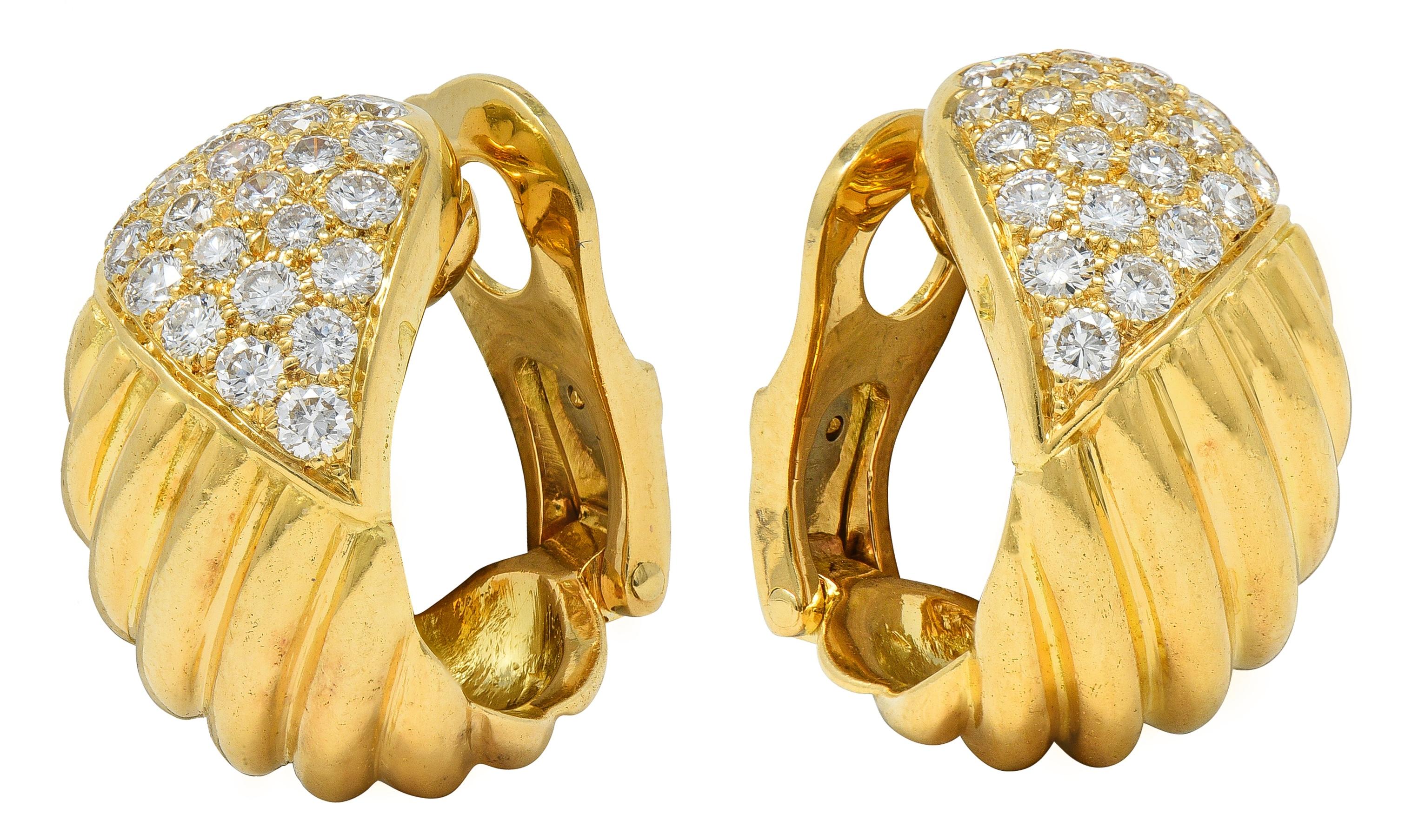 Van Cleef & Arpels French 1980's Diamond 18K Gold J-Hoop Ear-Clip Earrings