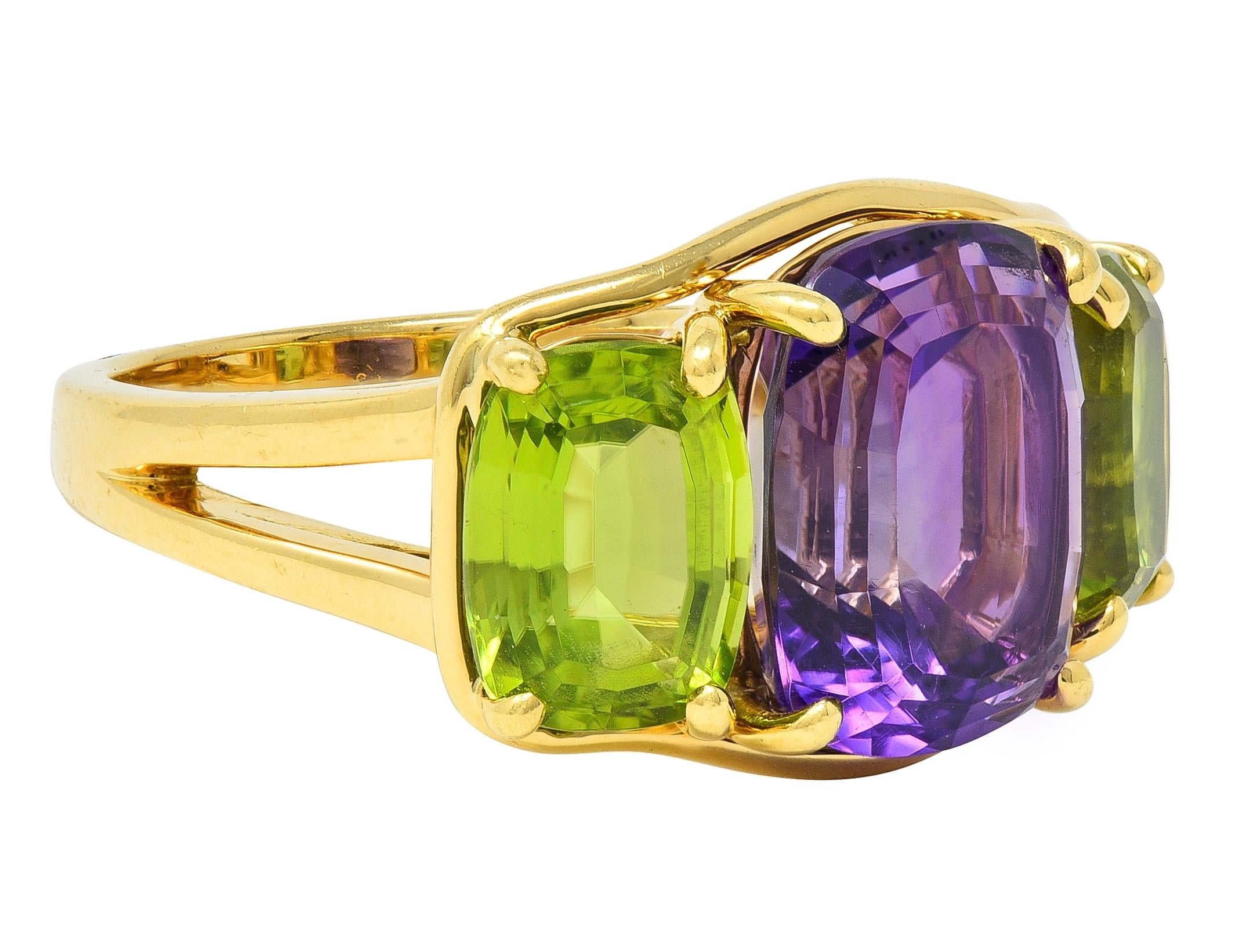 Verdura 1990's Amethyst Peridot 18 Karat Yellow Gold Vintage Three Stone Ring