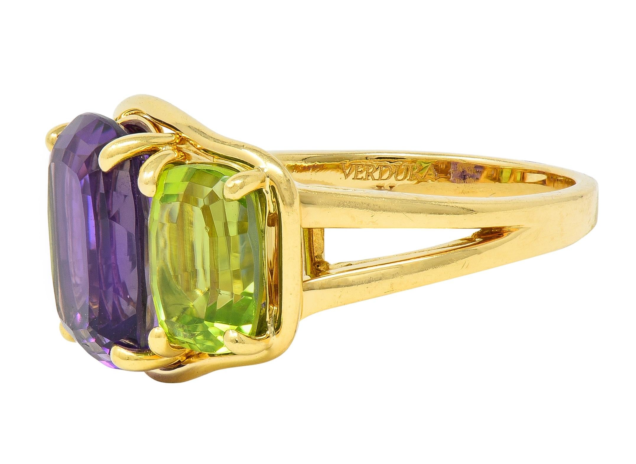 Verdura 1990's Amethyst Peridot 18 Karat Yellow Gold Vintage Three Stone Ring