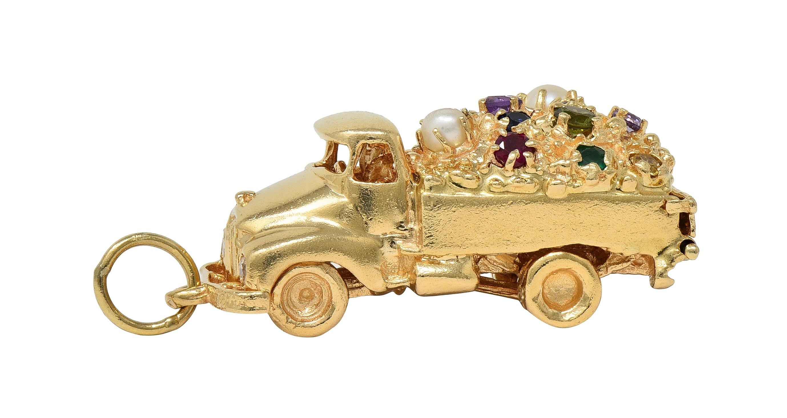 1960's Multi-Gem 14K Yellow Gold Vintage Loads-of-Love Truck Pendant Charm