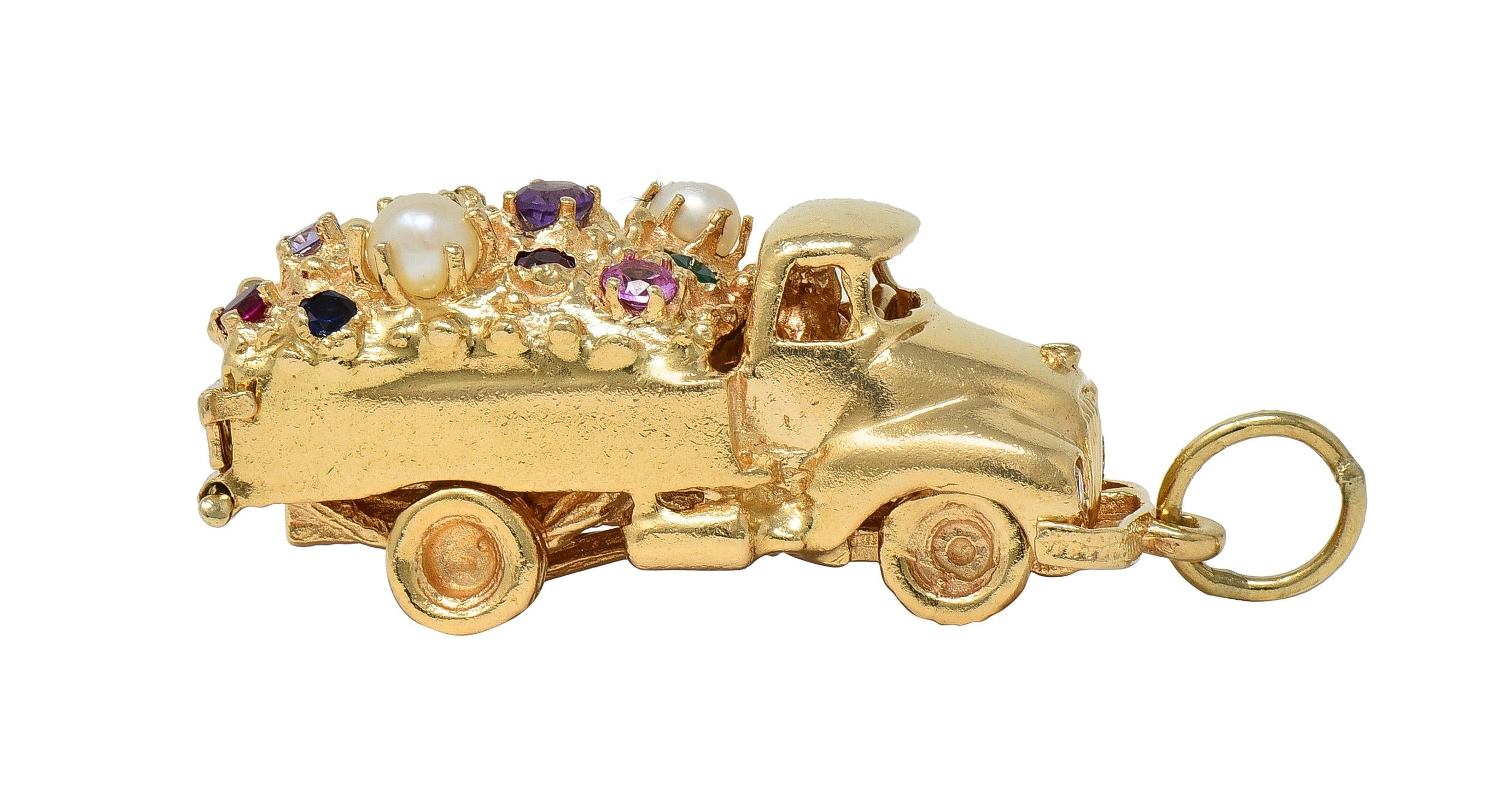 1960's Multi-Gem 14K Yellow Gold Vintage Loads-of-Love Truck Pendant Charm