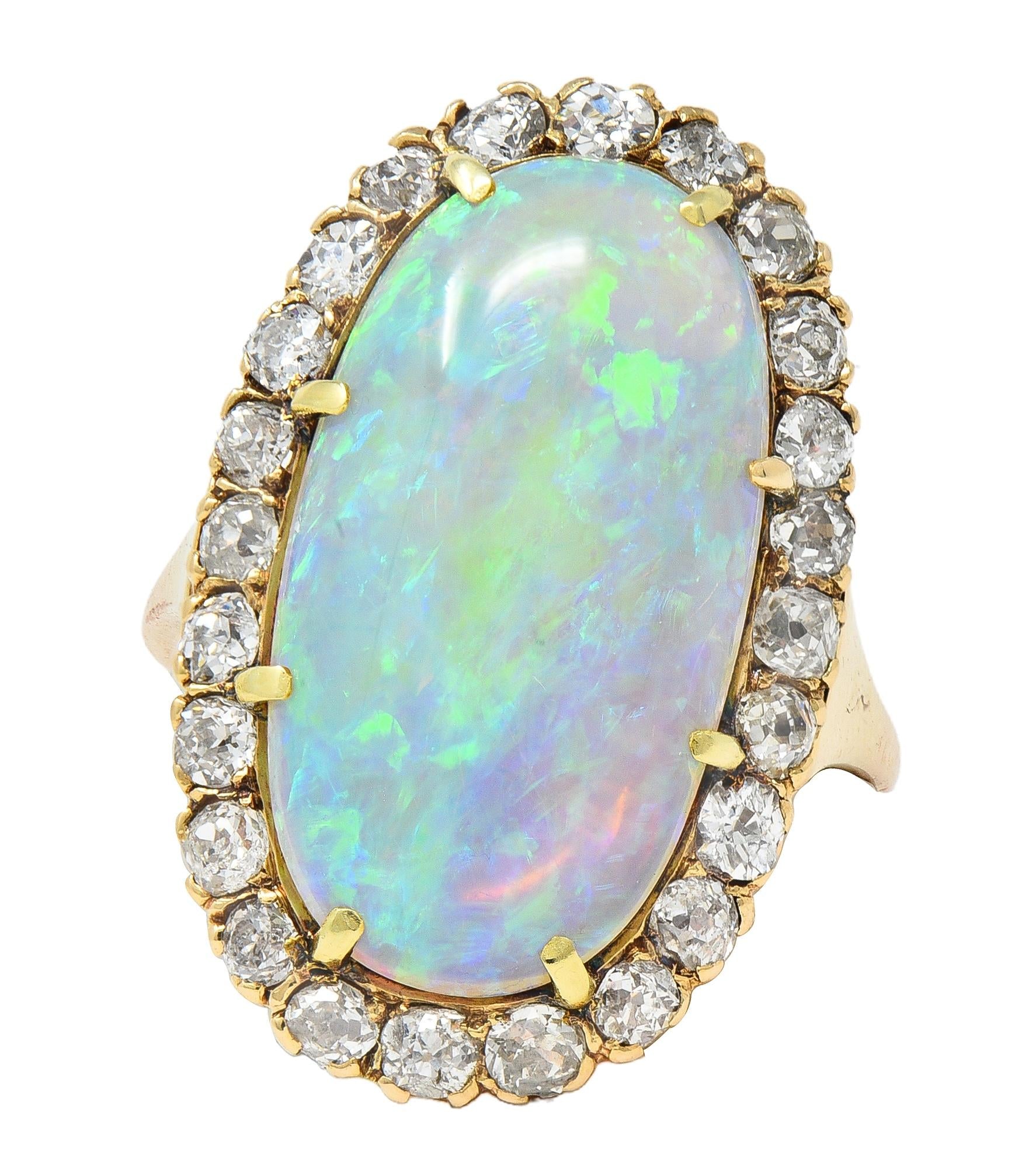 Victorian Jelly Opal Diamond 14 Karat Yellow Gold Antique Halo Cocktail Ring