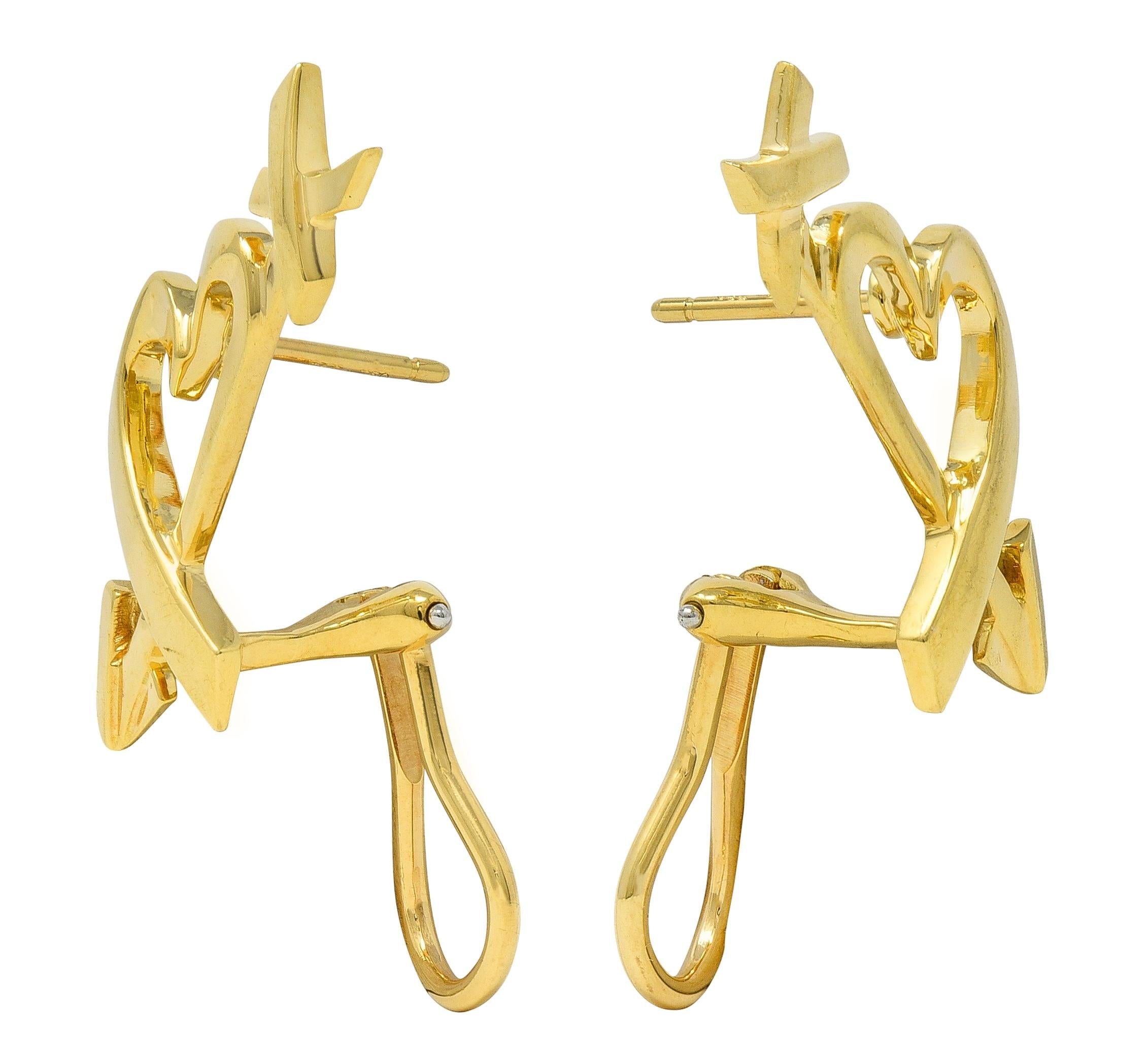 Paloma Picasso Tiffany & Co. 1990's 18K Gold Vintage Loving Heart Arrow Earrings