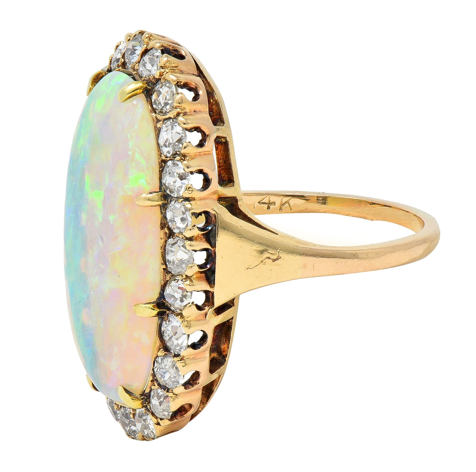 Victorian Jelly Opal Diamond 14 Karat Yellow Gold Antique Halo Cocktail Ring