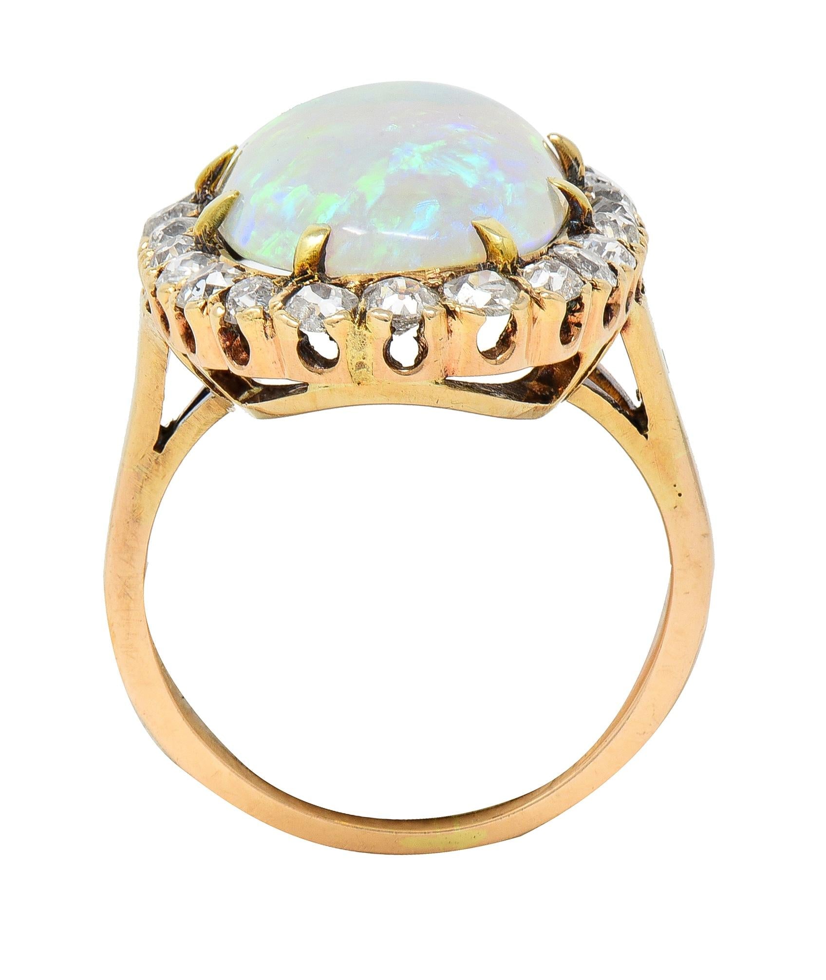 Victorian Jelly Opal Diamond 14 Karat Yellow Gold Antique Halo Cocktail Ring