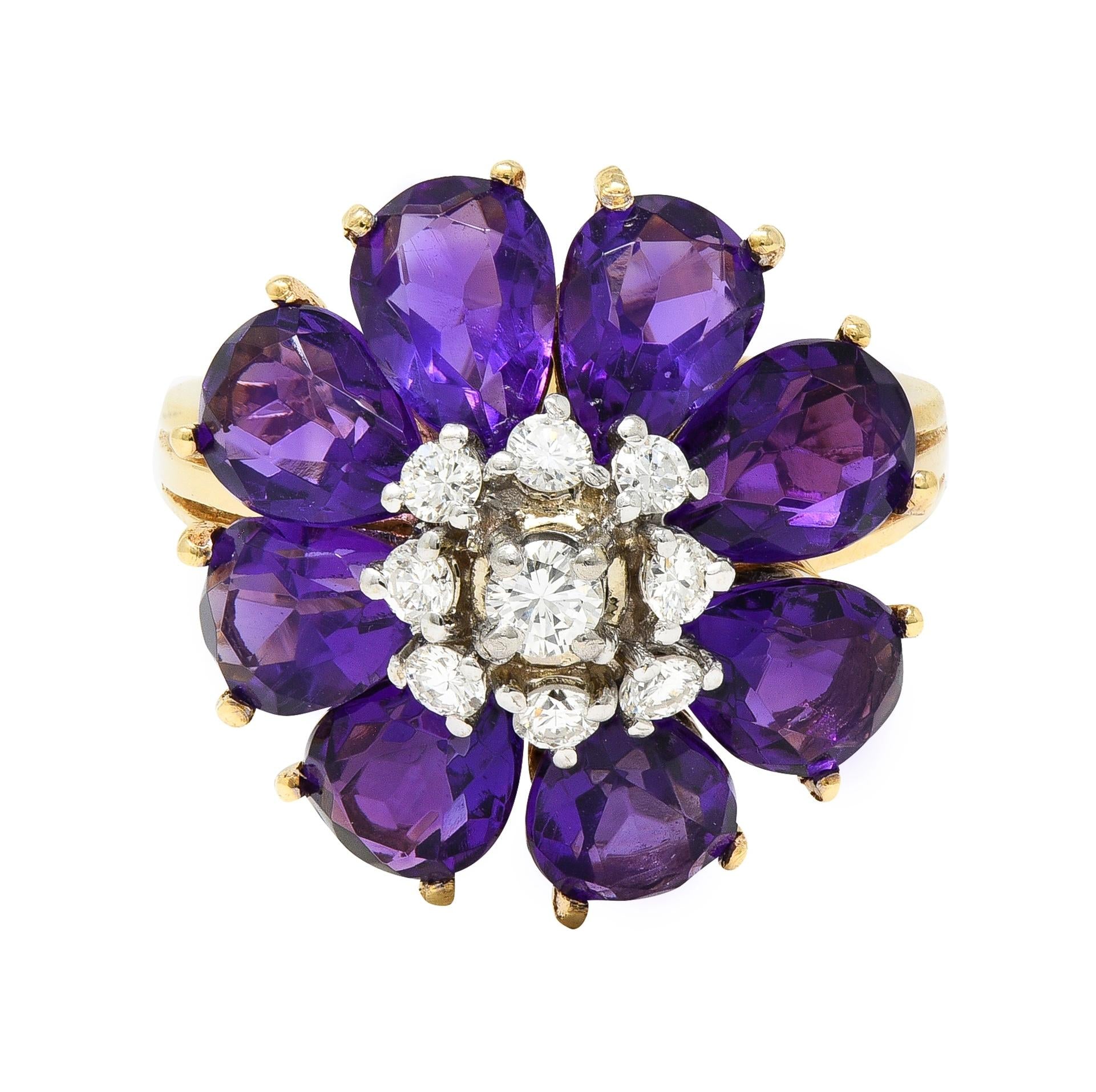 1960's 5.92 CTW Amethyst Diamond 14K Gold Vintage Cluster Cocktail Ring