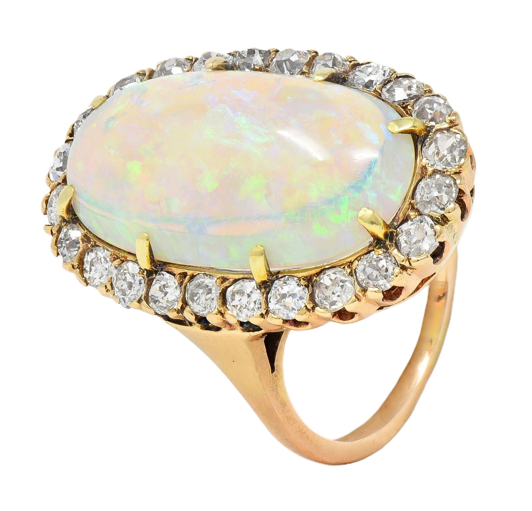 Victorian Jelly Opal Diamond 14 Karat Yellow Gold Antique Halo Cocktail Ring