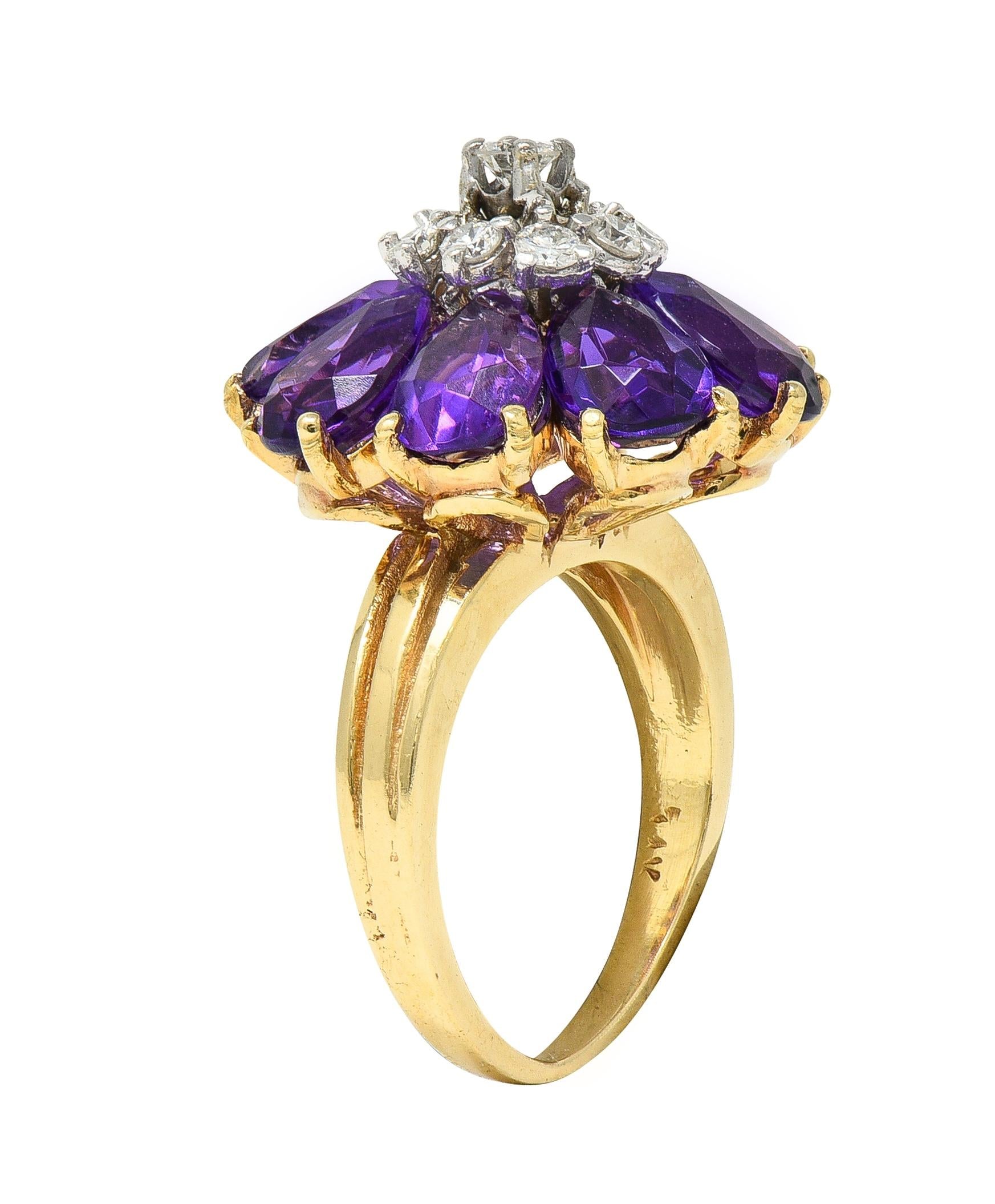 1960's 5.92 CTW Amethyst Diamond 14K Gold Vintage Cluster Cocktail Ring