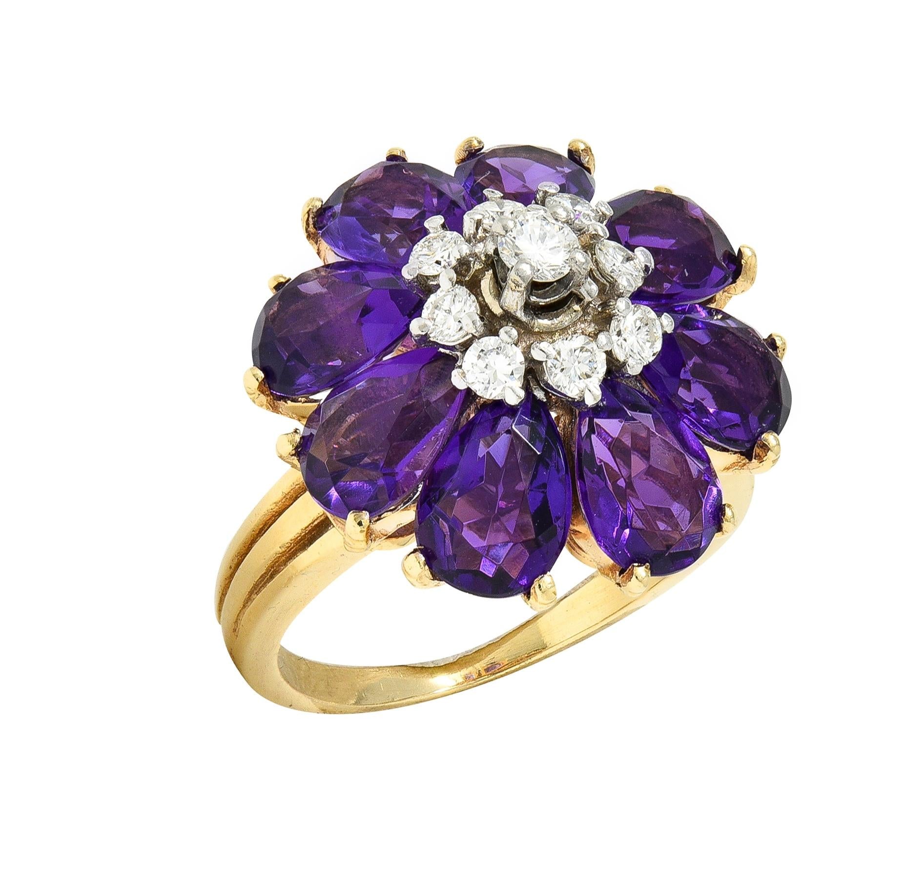 1960's 5.92 CTW Amethyst Diamond 14K Gold Vintage Cluster Cocktail Ring