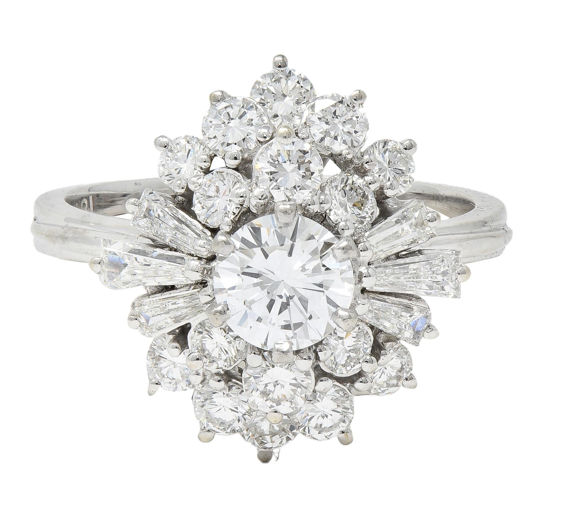 Mid-Century 2.37 CTW Diamond 18 Karat White Gold Vintage Cluster Ring