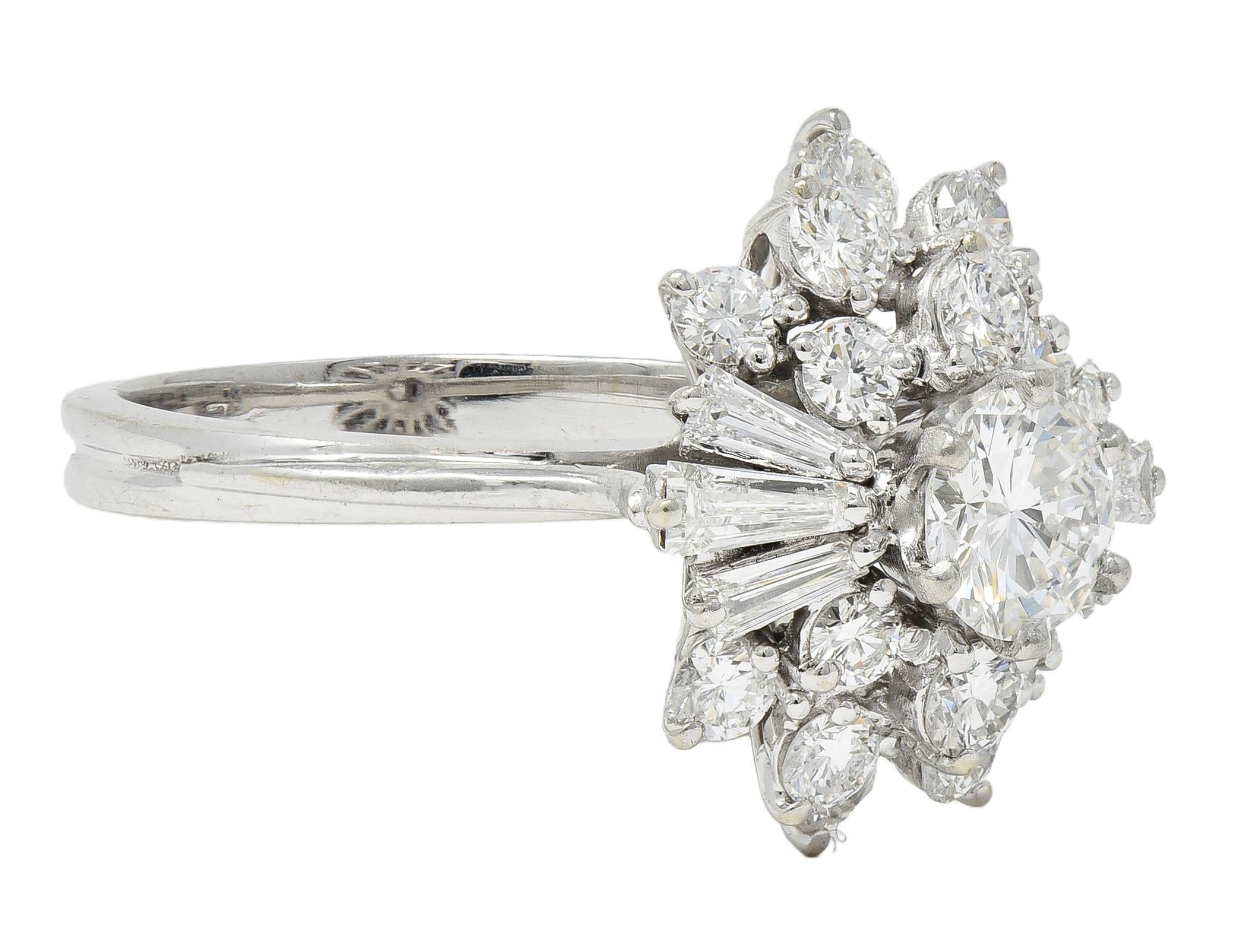Mid-Century 2.37 CTW Diamond 18 Karat White Gold Vintage Cluster Ring
