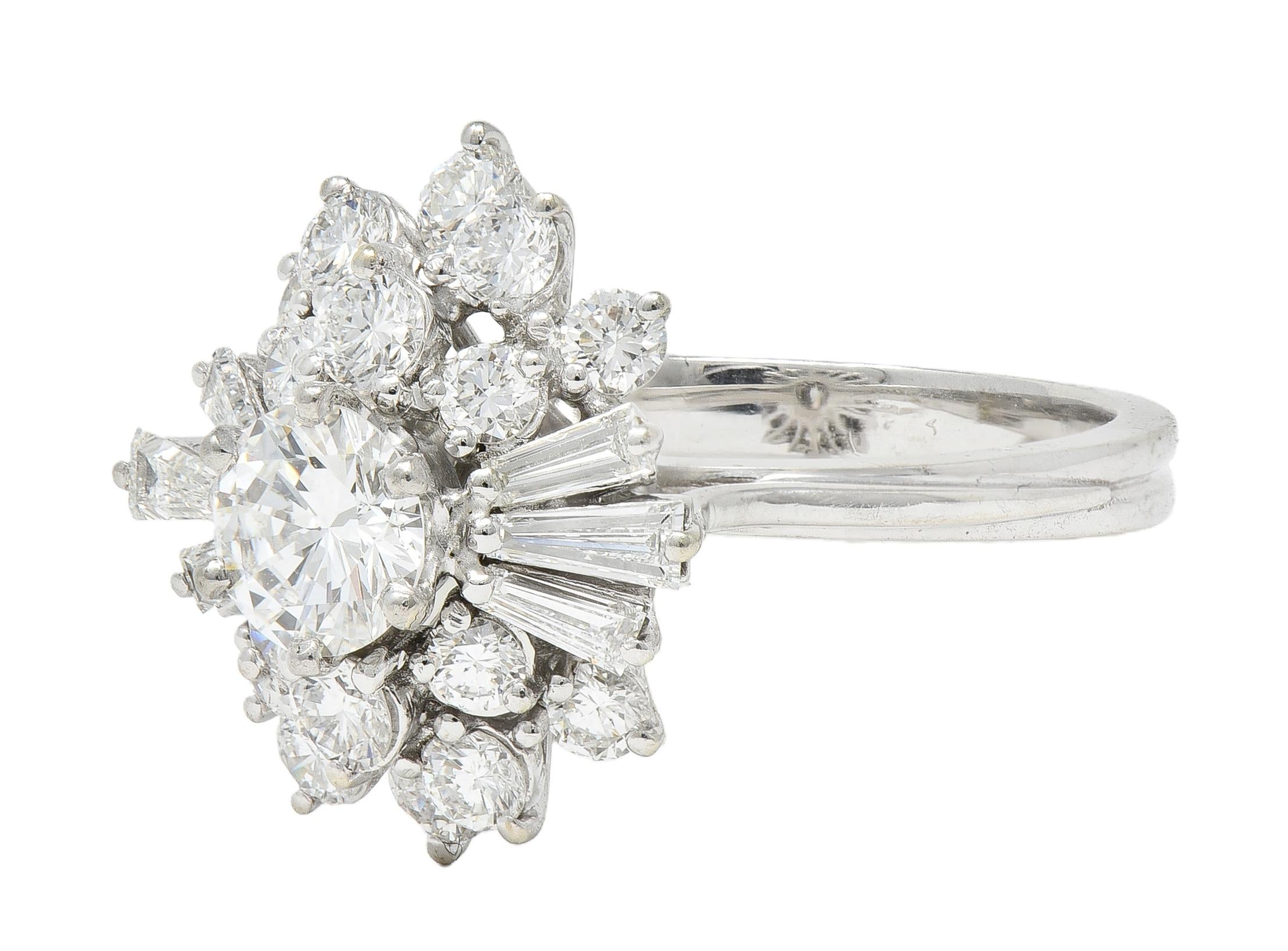 Mid-Century 2.37 CTW Diamond 18 Karat White Gold Vintage Cluster Ring
