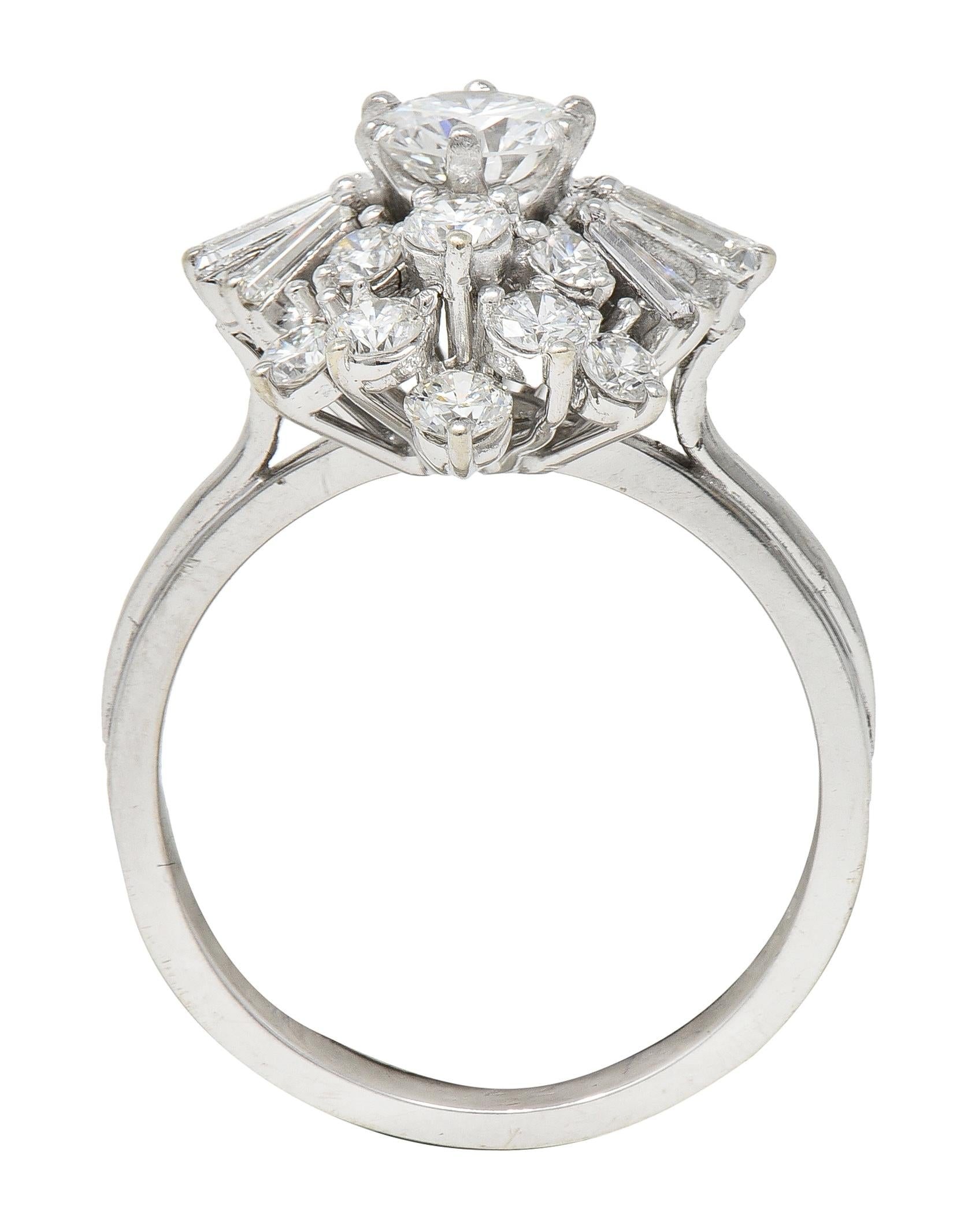 Mid-Century 2.37 CTW Diamond 18 Karat White Gold Vintage Cluster Ring