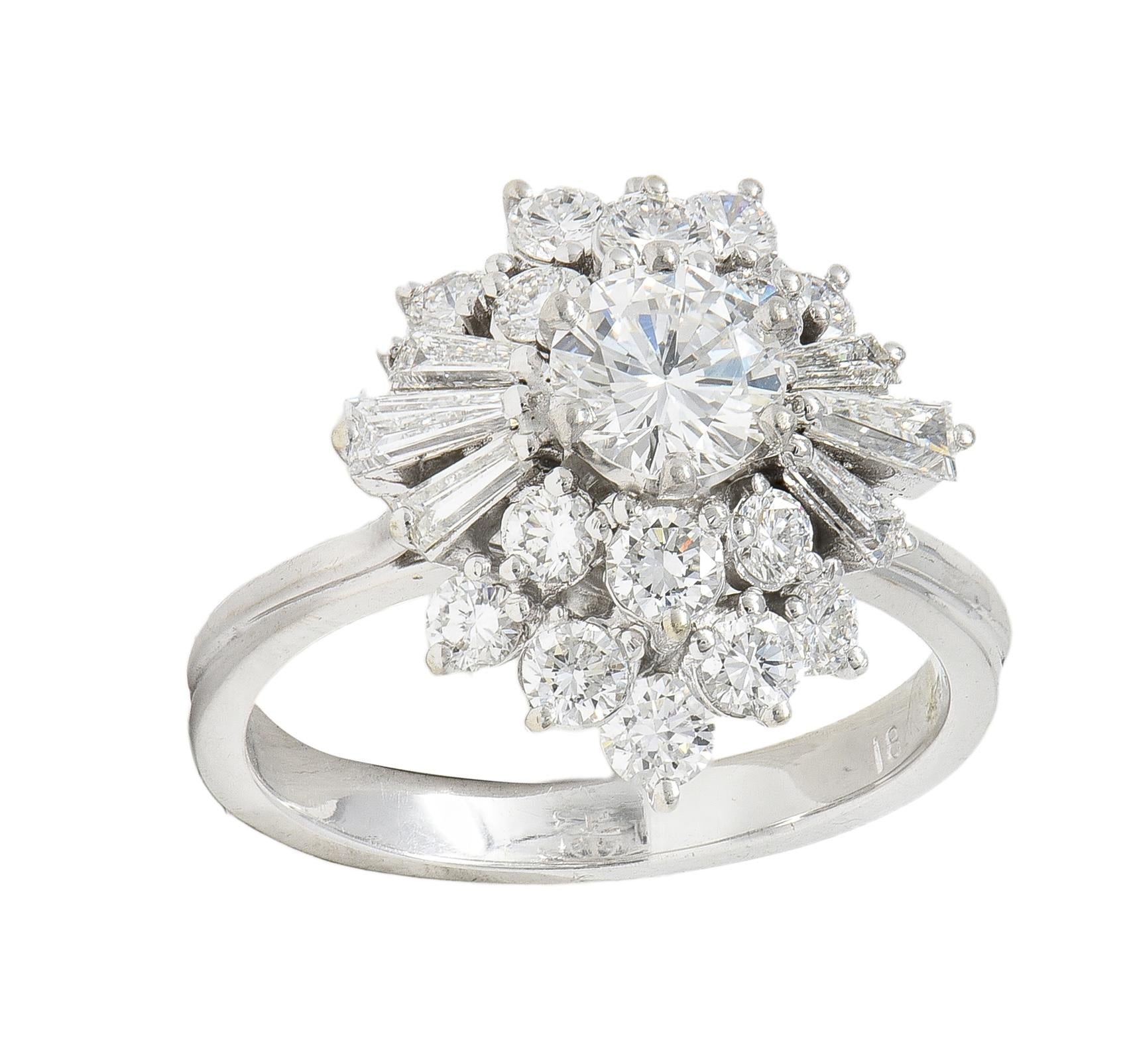 Mid-Century 2.37 CTW Diamond 18 Karat White Gold Vintage Cluster Ring