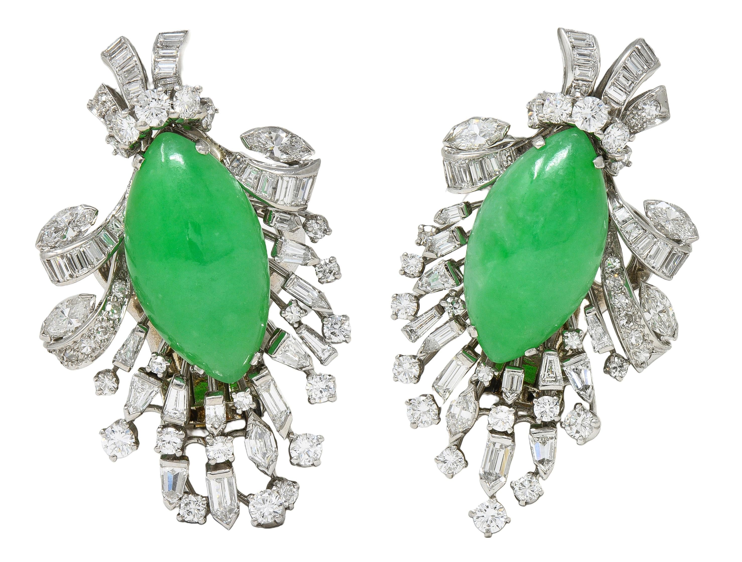J.E. Caldwell Mid-Century Jade Diamond Platinum Vintage Spray Ear-Clip Earrings